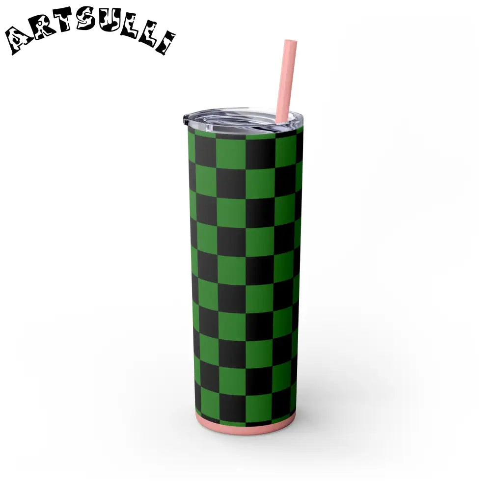 JAKKOUTTHEBXX Checkerboard Green and Black Skinny Tumbler with Straw