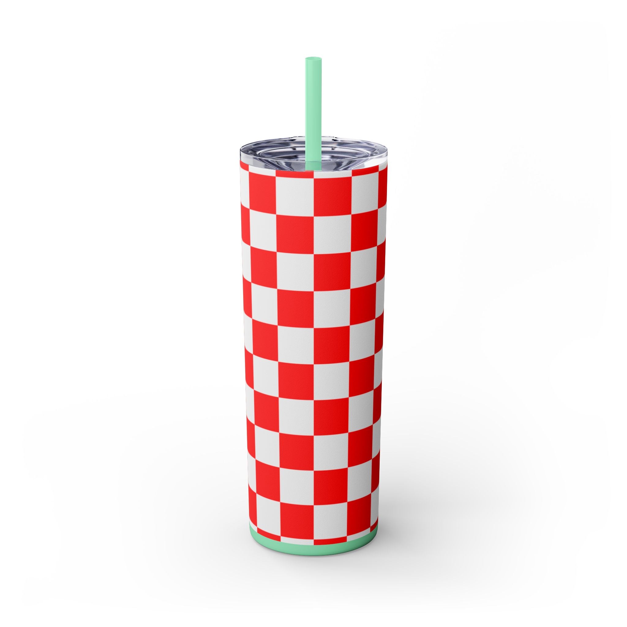 Checkerboard Red and White Skinny Tumbler with Straw, 20oz, Artsulli - Art is Long, Life is Short, Mug, Finish, Glossy, Color, Mint, Size, 20oz, 15894915766319240882