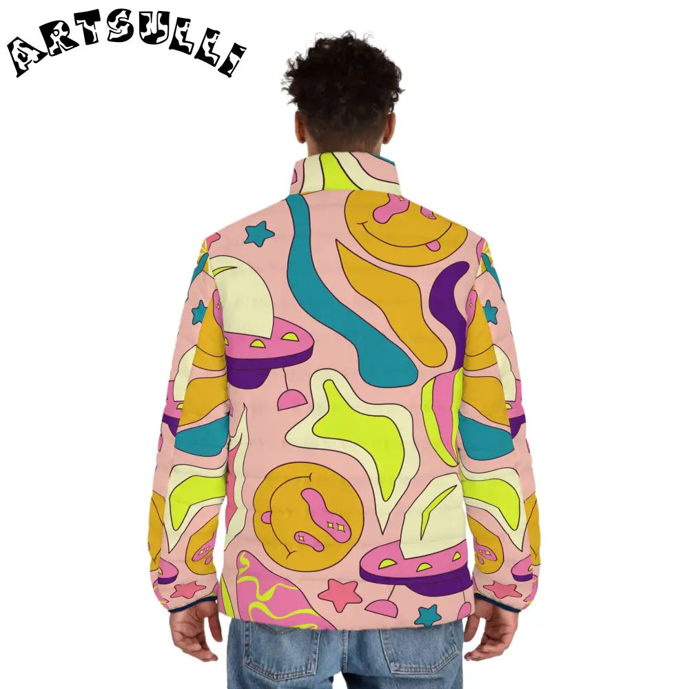 JAKKOUTTHEBXX Trippy Spaceships Pink Men’s Puffer Jacket (AOP)