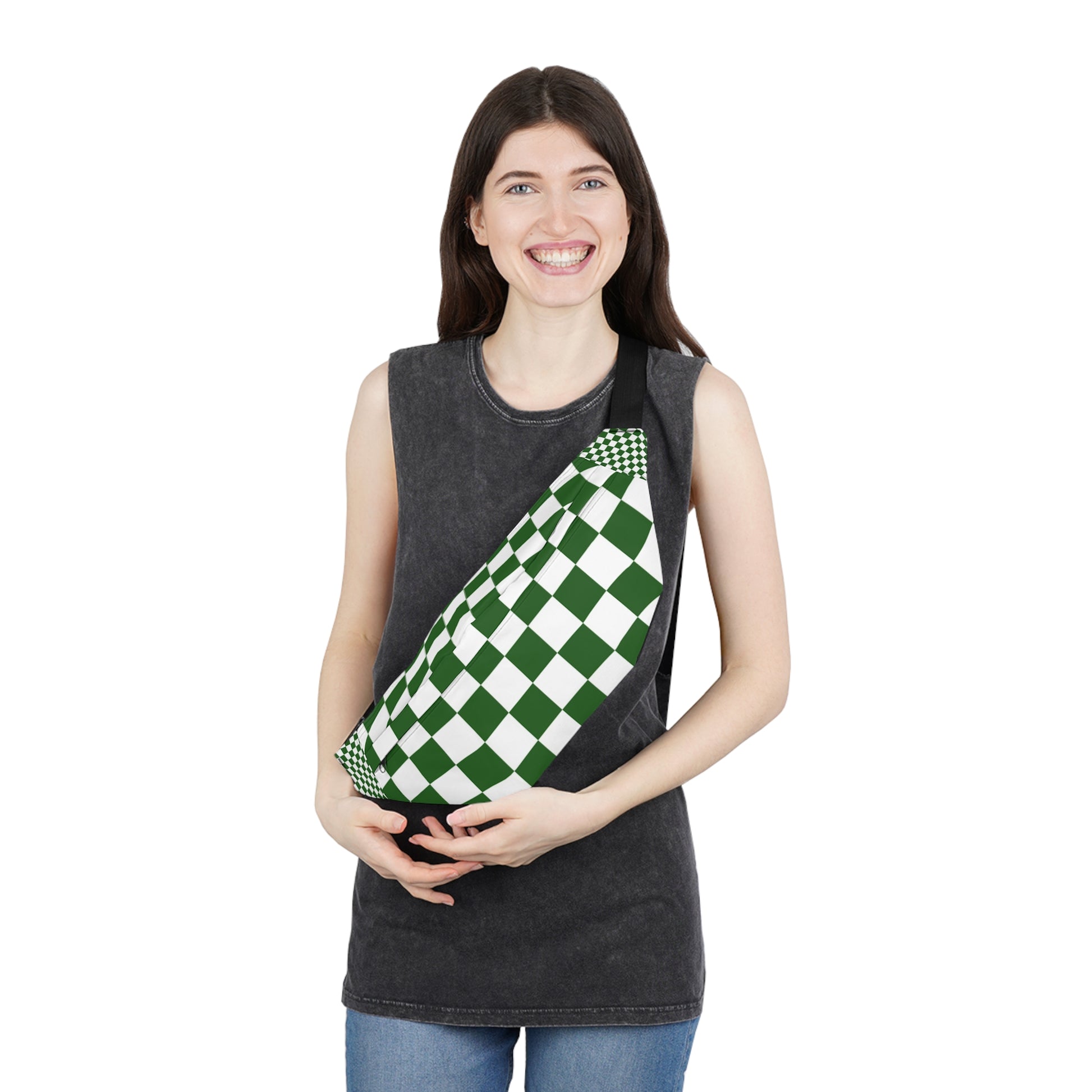 Checkerboard White and Dark Green Large Fanny Pack, Artsulli - Art is Long, Life is Short, Bags, , , , , , , 