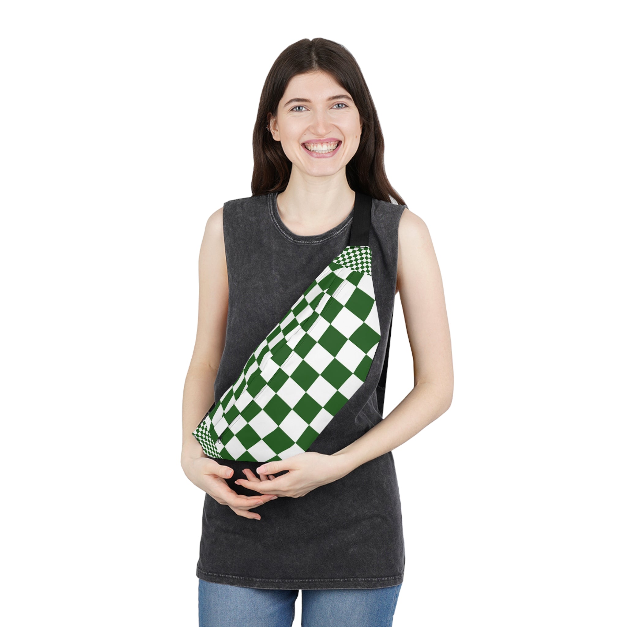 Checkerboard White and Dark Green Large Fanny Pack, Artsulli - Art is Long, Life is Short, Bags, , , , , , , 