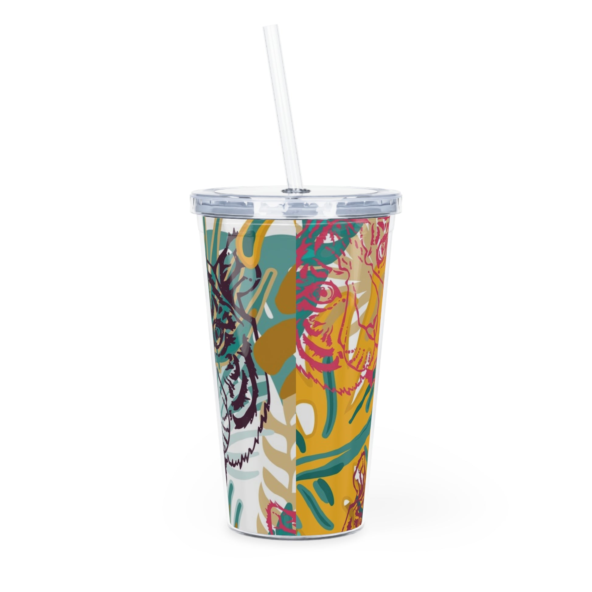 Tropical Jungle Tigers Brown and Green Plastic Tumbler with Straw, Artsulli - Art is Long, Life is Short, Mug, , , , , , , 