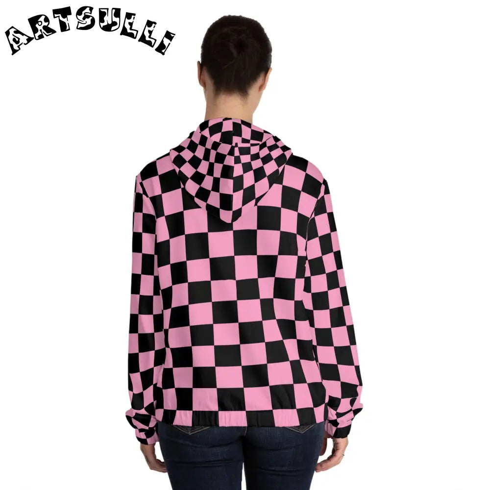 JAKKOUTTHEBXX Checkerboard Black and Pink Women’s Full-Zip Hoodie