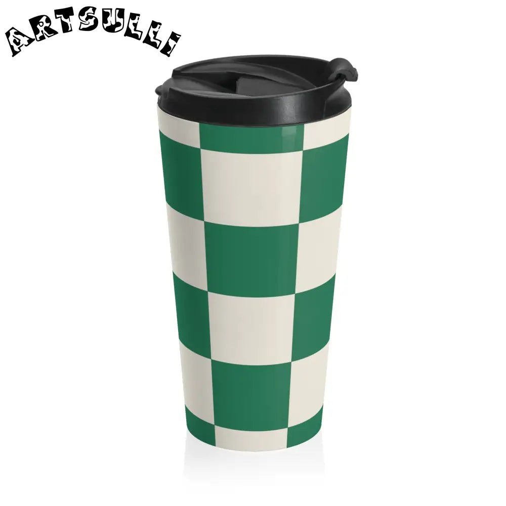 JAKKOUTTHEBXX Checkerboard Dark Green Stainless Steel Travel Mug
