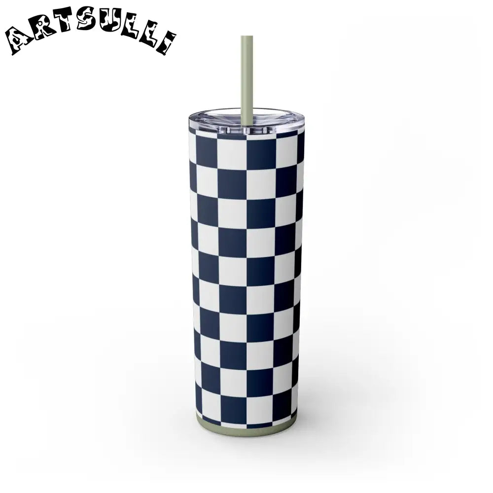 JAKKOUTTHEBXX Checkerboard White and Navy Blue Skinny Tumbler