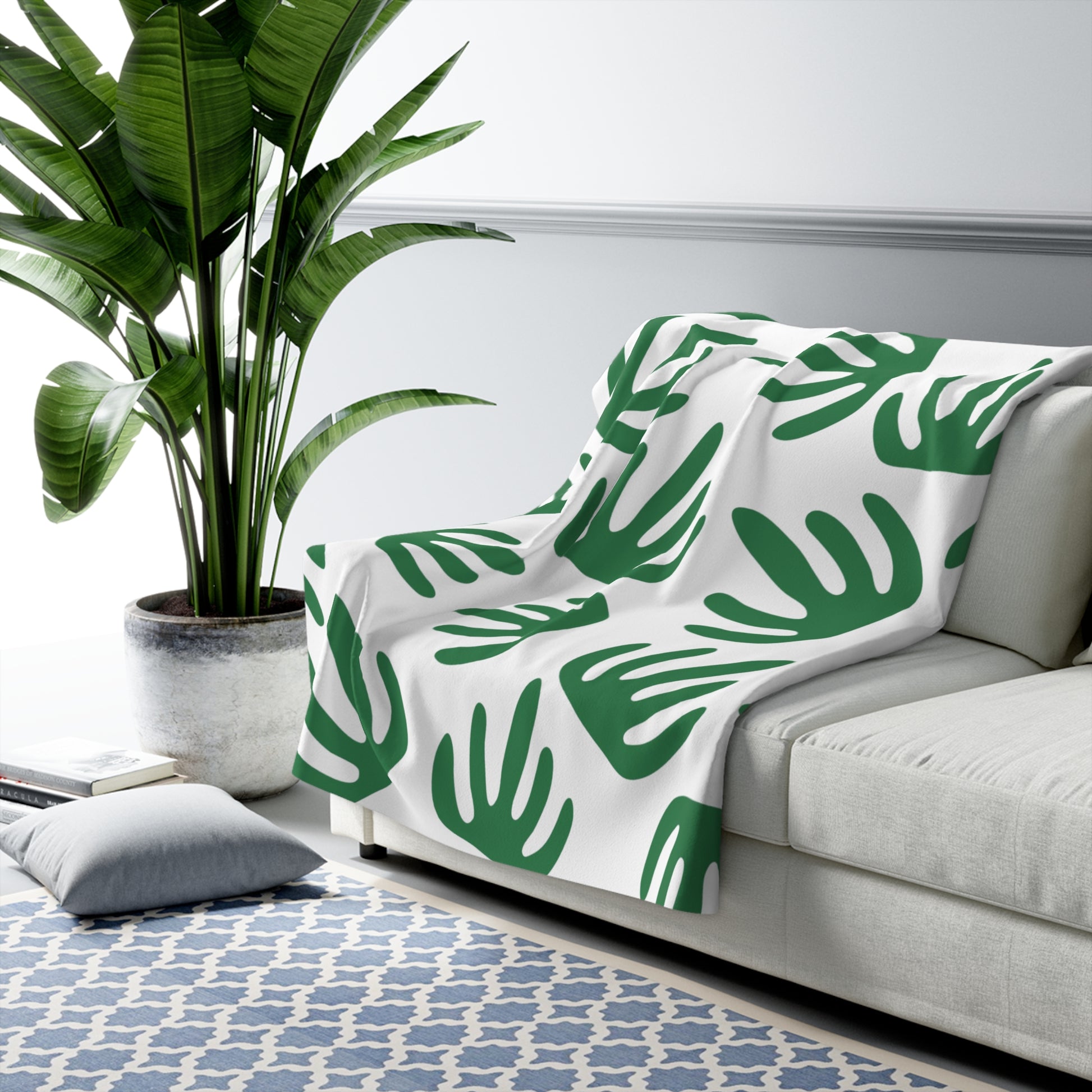 Green Palm Leaves White Sherpa Fleece Blanket, Artsulli - Art is Long, Life is Short, Home Decor, , , , , , , 
