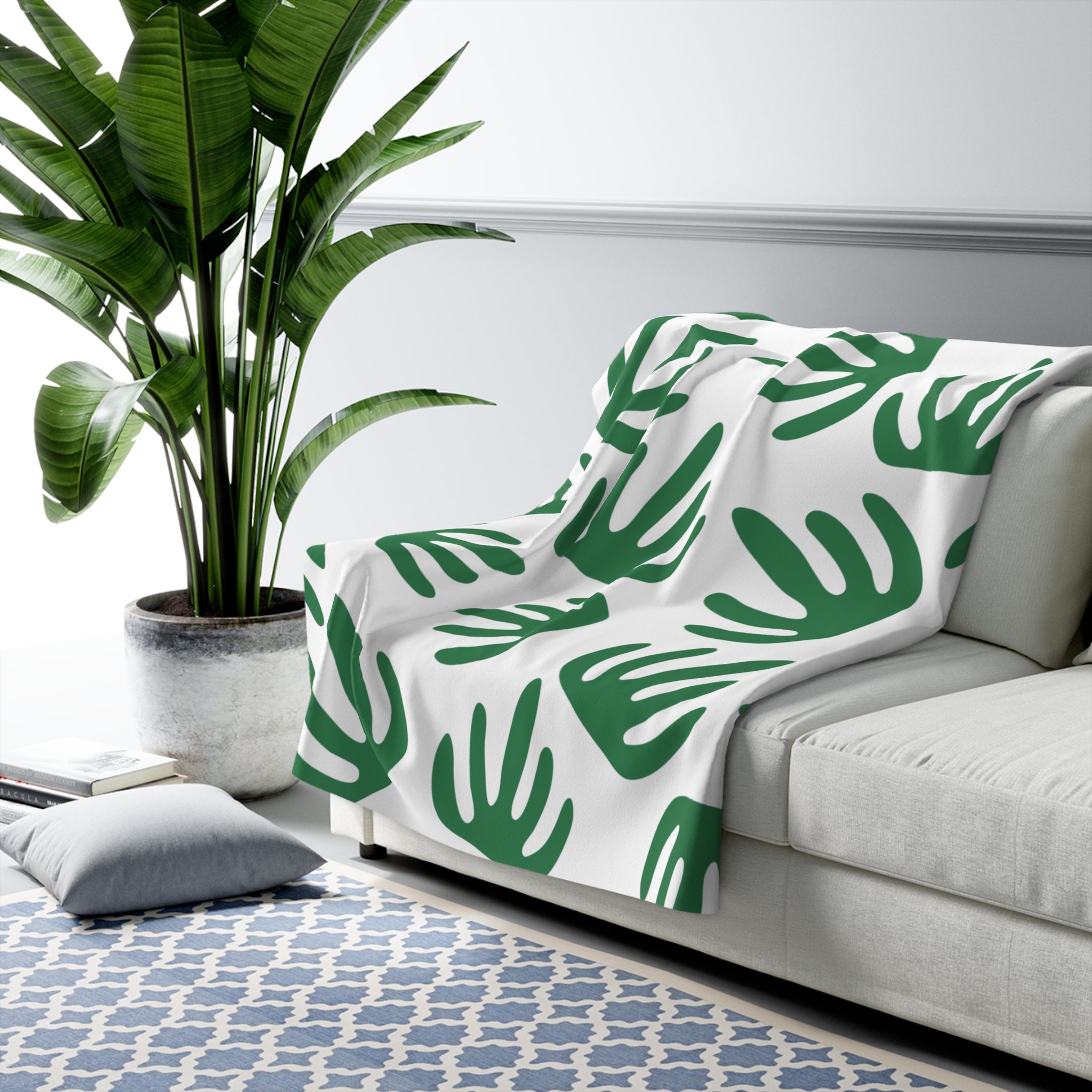Green Palm Leaves White Sherpa Fleece Blanket, Artsulli - Art is Long, Life is Short, Home Decor, , , , , , , 