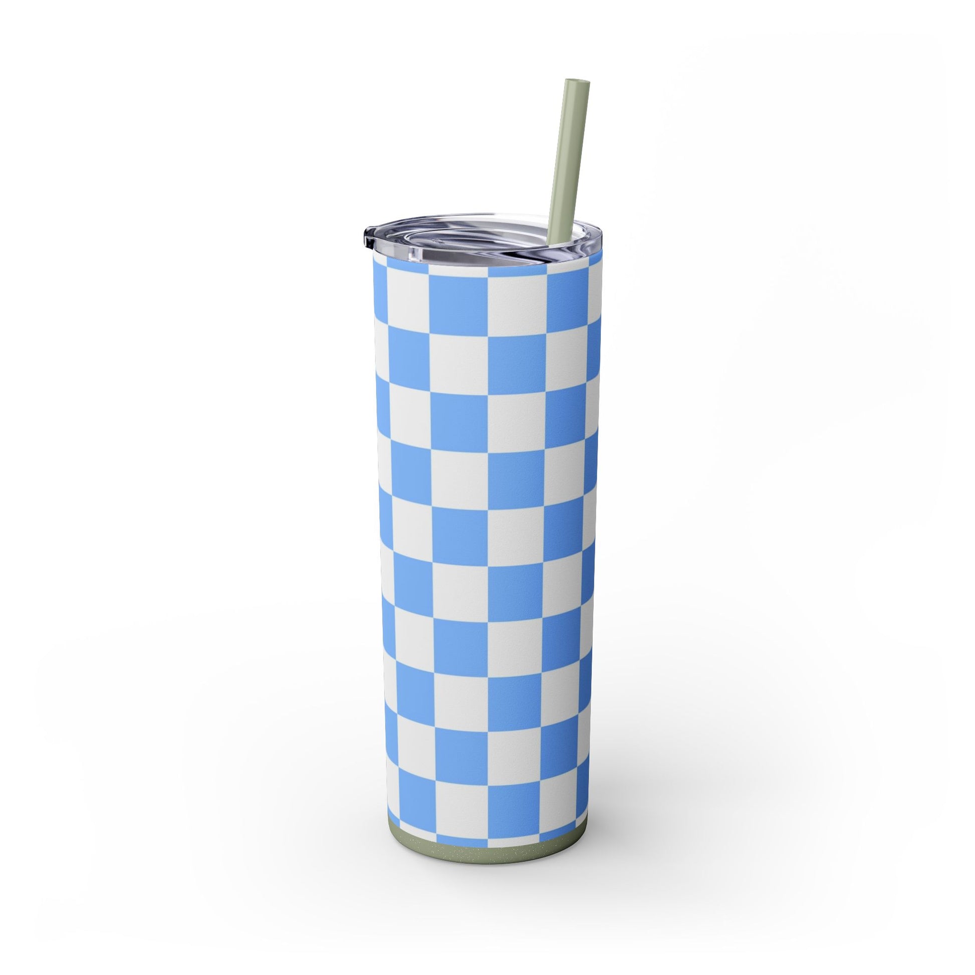 Checkerboard White and Light Blue Skinny Tumbler with Straw, 20oz, Artsulli - Art is Long, Life is Short, Mug, , , , , , , 