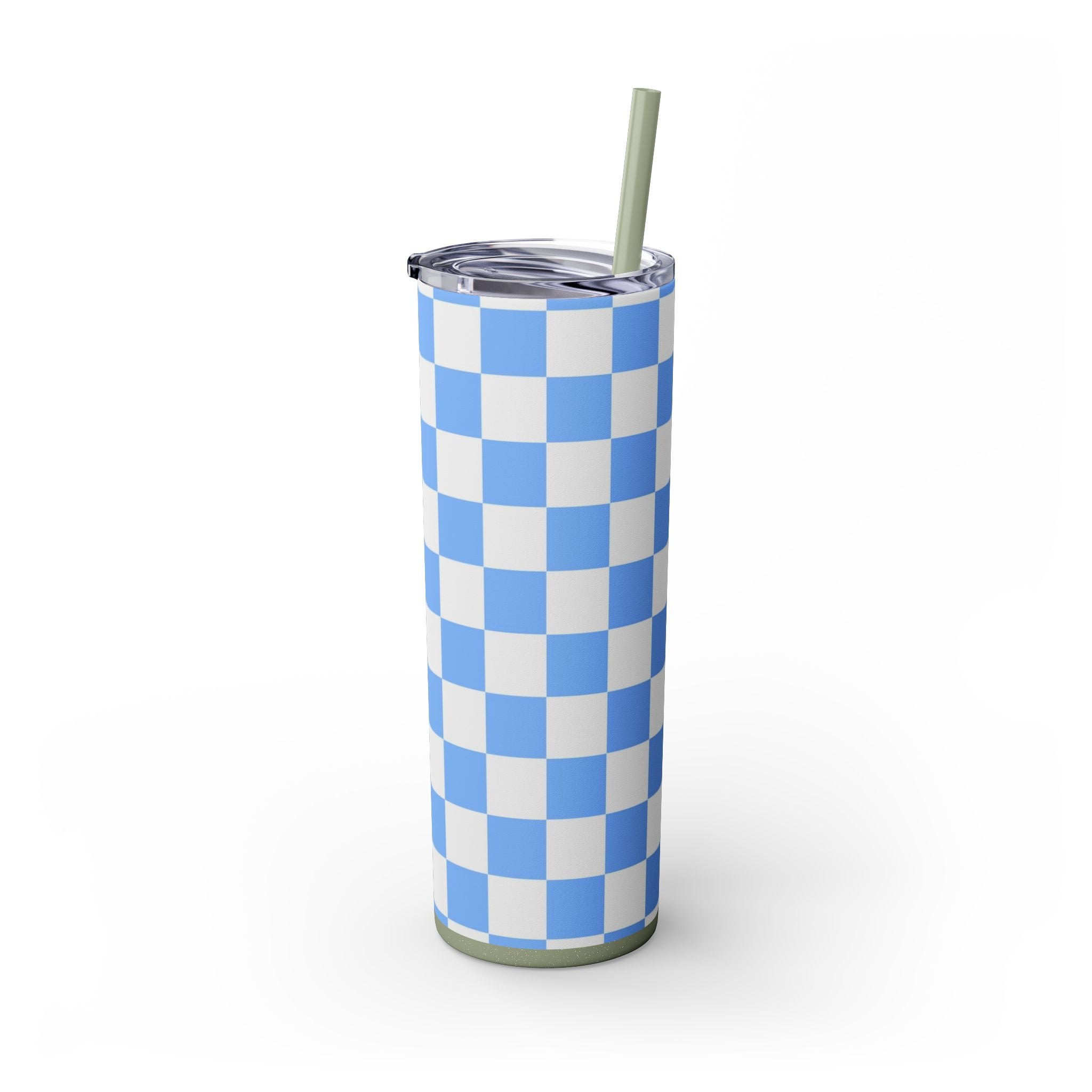 Checkerboard White and Light Blue Skinny Tumbler with Straw, 20oz, Artsulli - Art is Long, Life is Short, Mug, , , , , , , 
