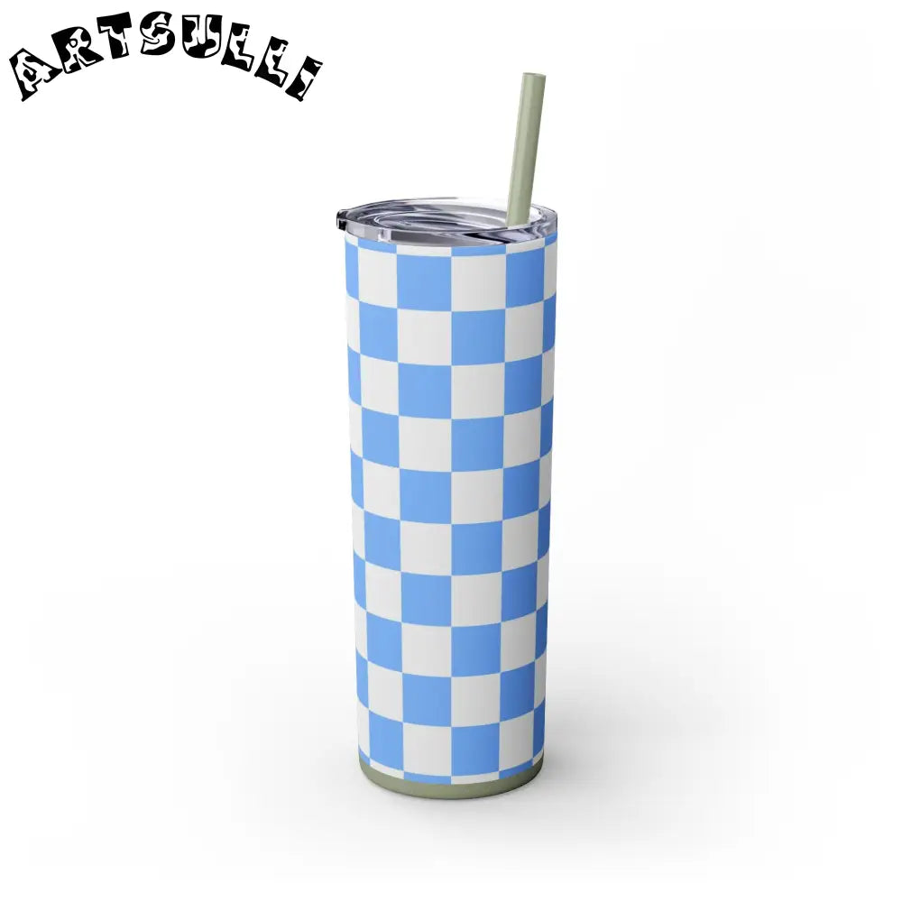 JAKKOUTTHEBXX Checkerboard White and Light Blue Skinny Tumbler