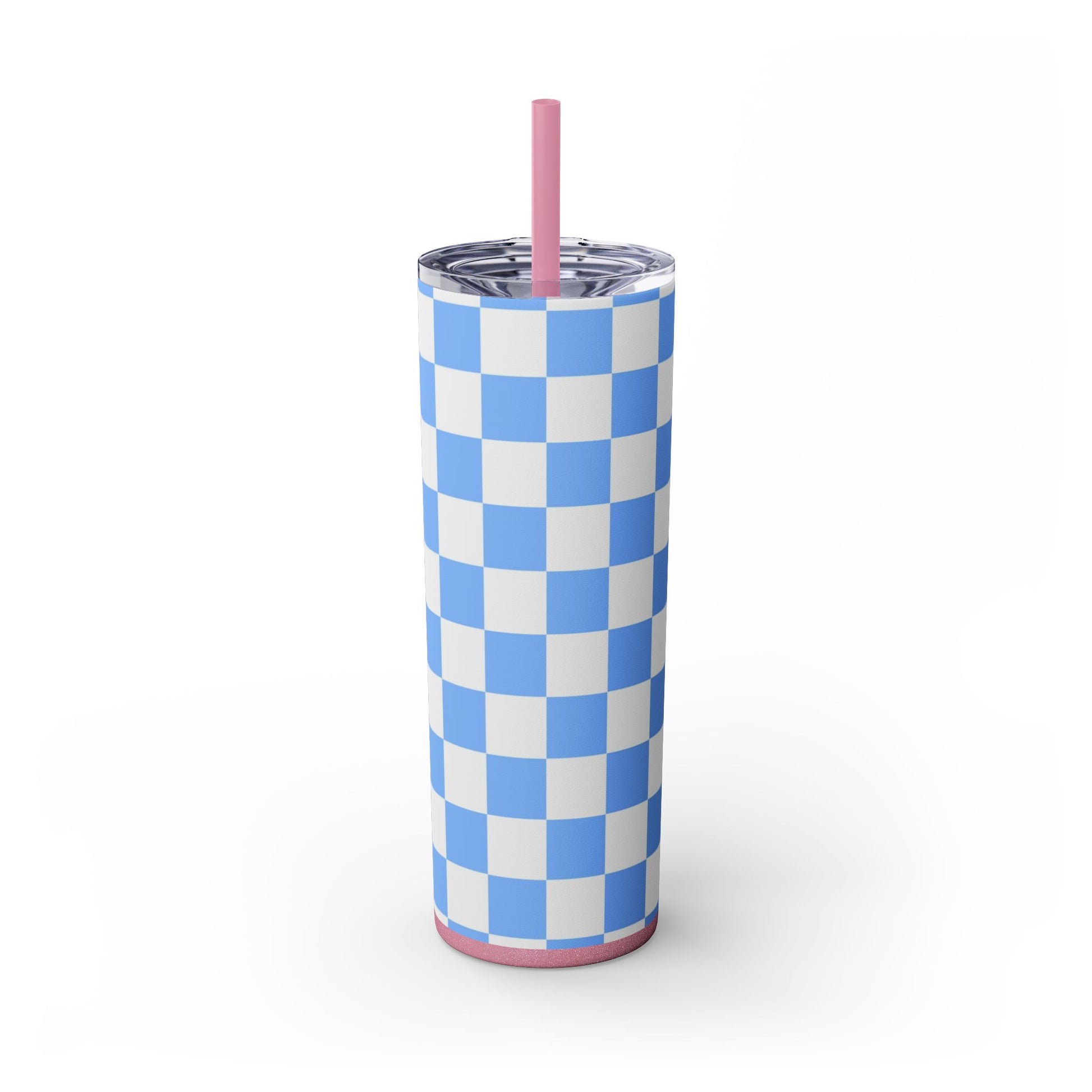 Checkerboard White and Light Blue Skinny Tumbler with Straw, 20oz, Artsulli - Art is Long, Life is Short, Mug, , , , , , , 