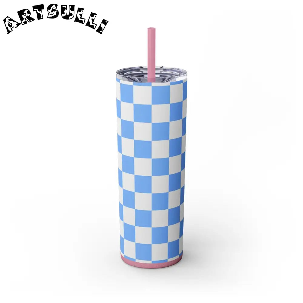 JAKKOUTTHEBXX Checkerboard White and Light Blue Skinny Tumbler