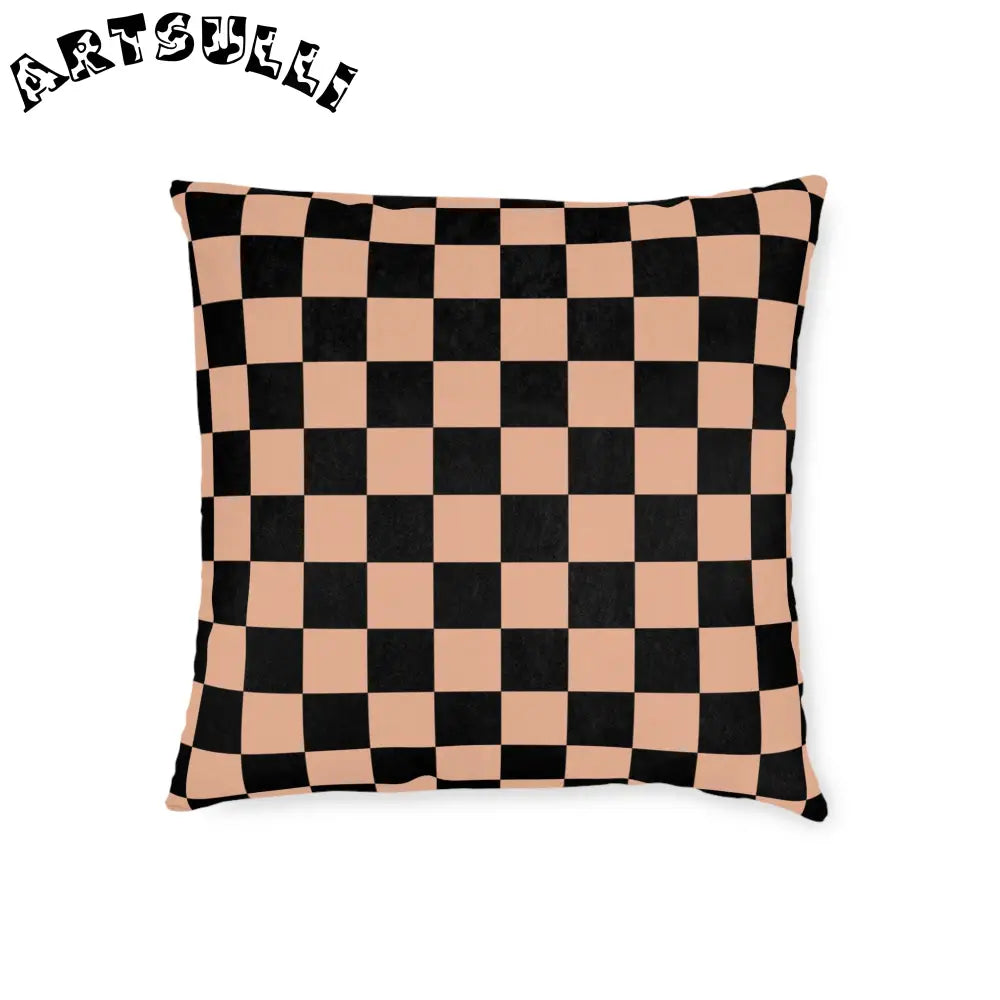 JAKKOUTTHEBXX Checkerboard Soft Orange and Black Square Pillow