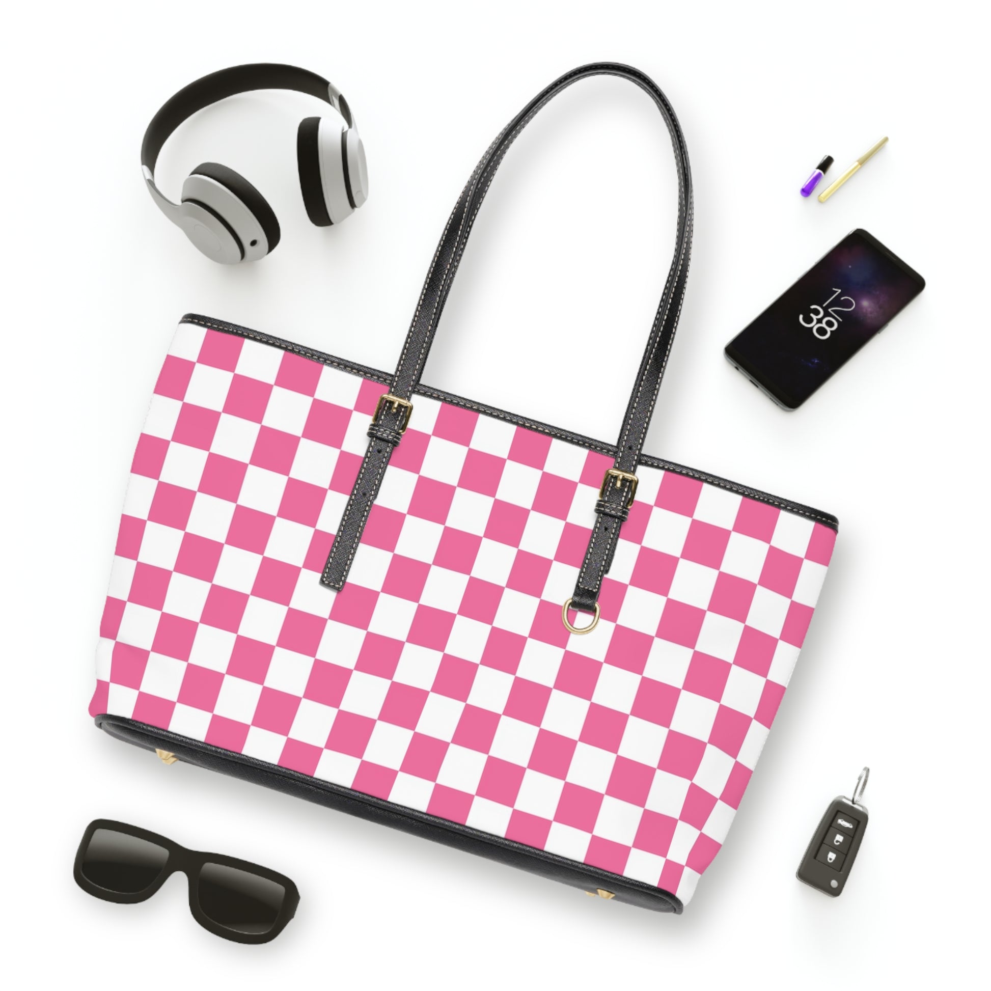 Yuyushiki Pink Check PU Leather Shoulder Bag, Artsulli - Art is Long, Life is Short, Bags, , , , , , , 