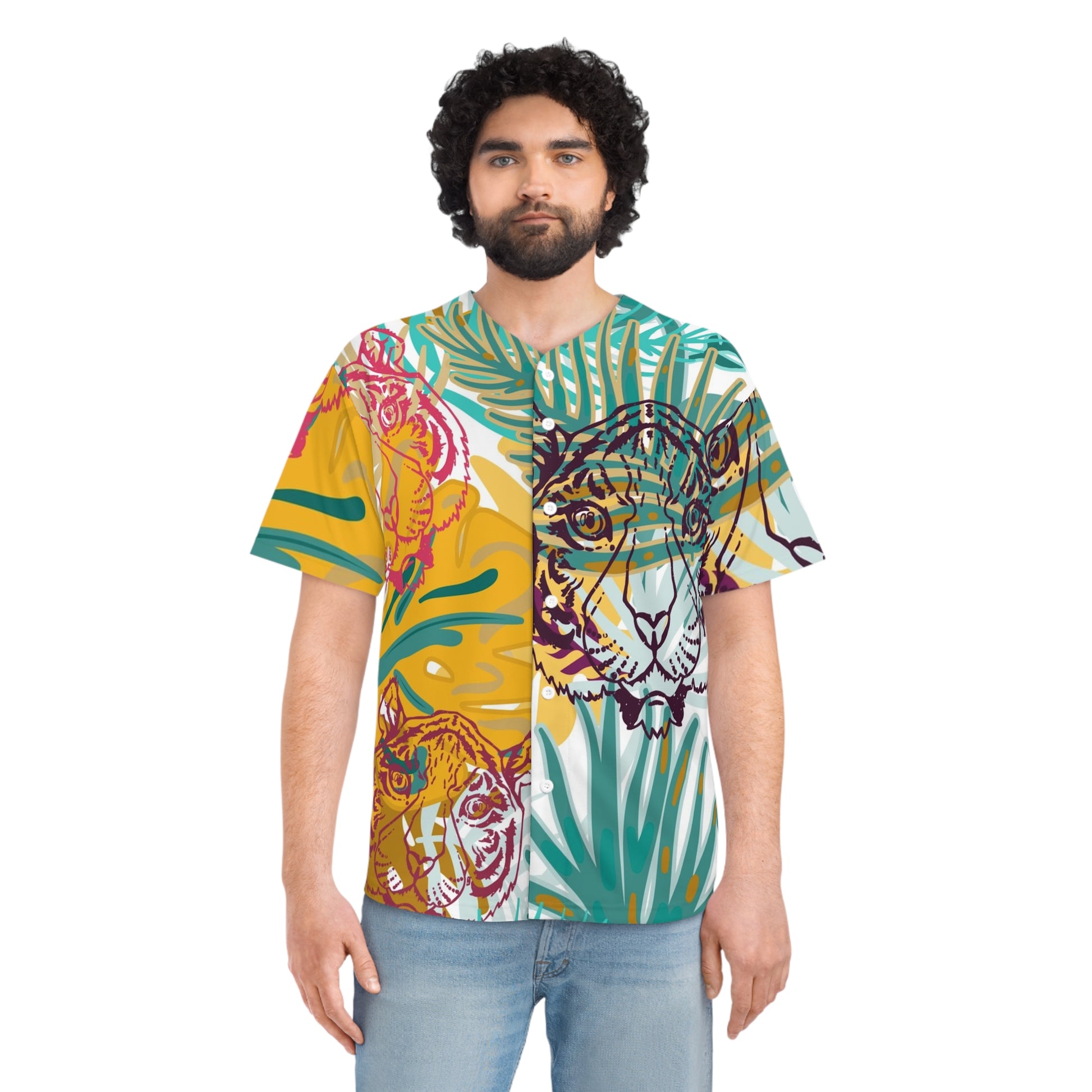 Tropical Jungle Tigers Brown and Green Men's Baseball Jersey (AOP), Artsulli - Art is Long, Life is Short, All Over Prints, , , , , , , 