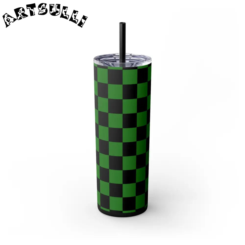 JAKKOUTTHEBXX Checkerboard Green and Black Skinny Tumbler with Straw