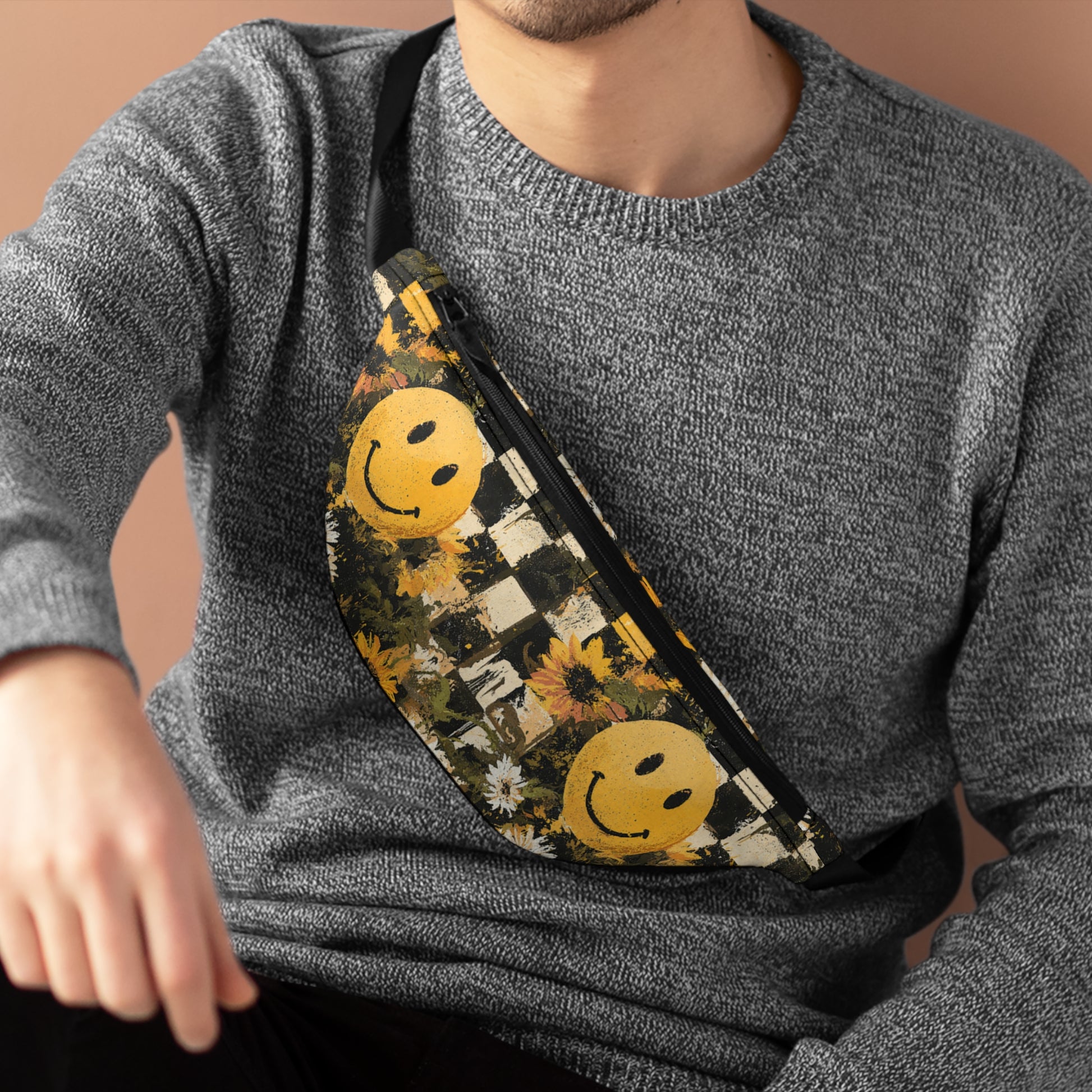 Smiley Face x Checkerboard x Sunflowers x Trippy x Vintage Black and Yellow Fanny Pack, Artsulli - Art is Long, Life is Short, Bags, , , , , , , 