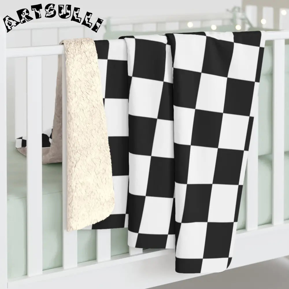 JAKKOUTTHEBXX Checkerboard White and Black Sherpa Fleece Blanket