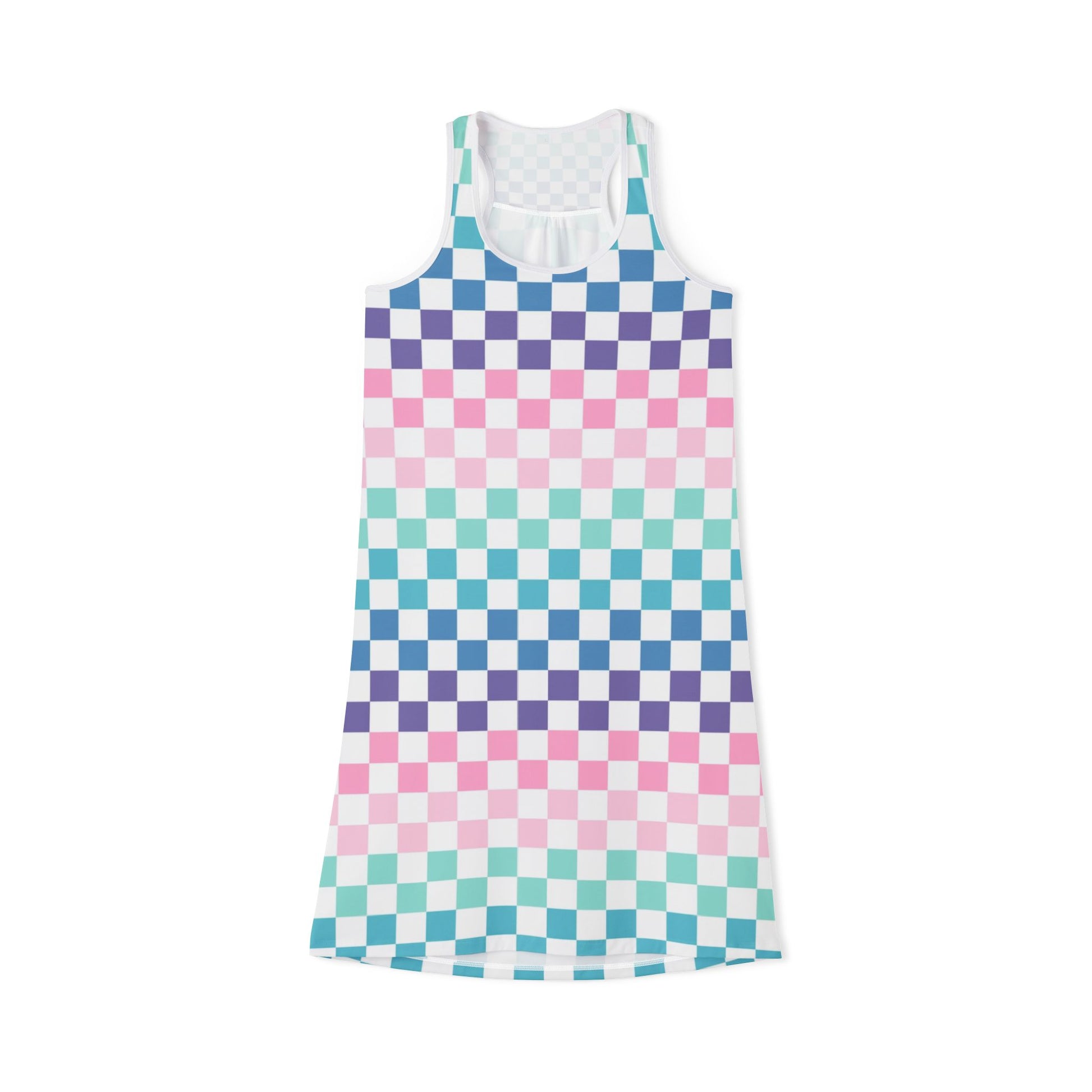 Vaporwave Rainbow  Checkerboard Multi-Color Women's Racerback Dress (AOP), Artsulli - Art is Long, Life is Short, Tank Top, Size, XS, Color, White, , , 37561973786984095571