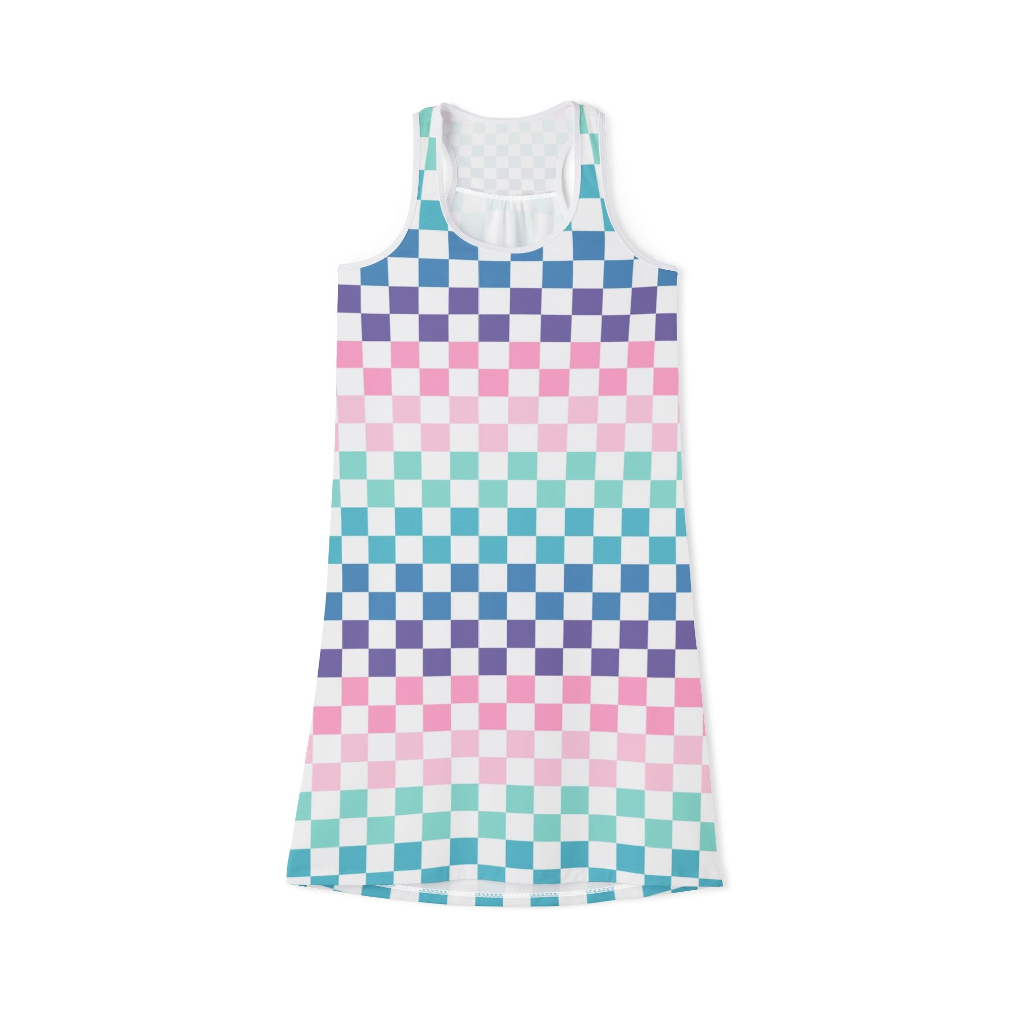 Vaporwave Rainbow  Checkerboard Multi-Color Women's Racerback Dress (AOP), Artsulli - Art is Long, Life is Short, Tank Top, Size, XS, Color, White, , , 37561973786984095571
