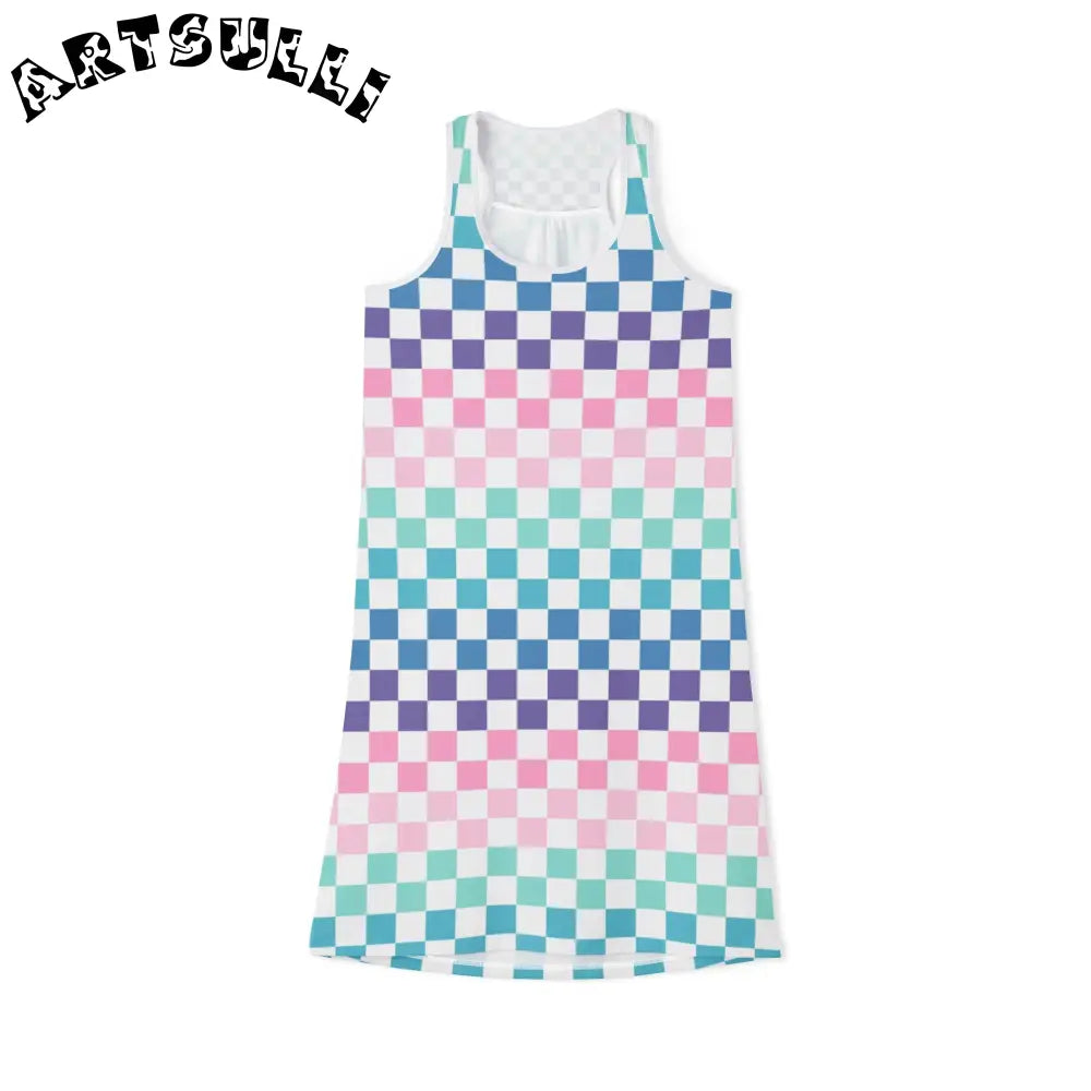 Vaporwave Rainbow  Checkerboard Multi-Color Women's Racerback Dress (AOP), Artsulli - Art is Long, Life is Short, Tank Top, Size, XS, Color, White, , , 37561973786984095571