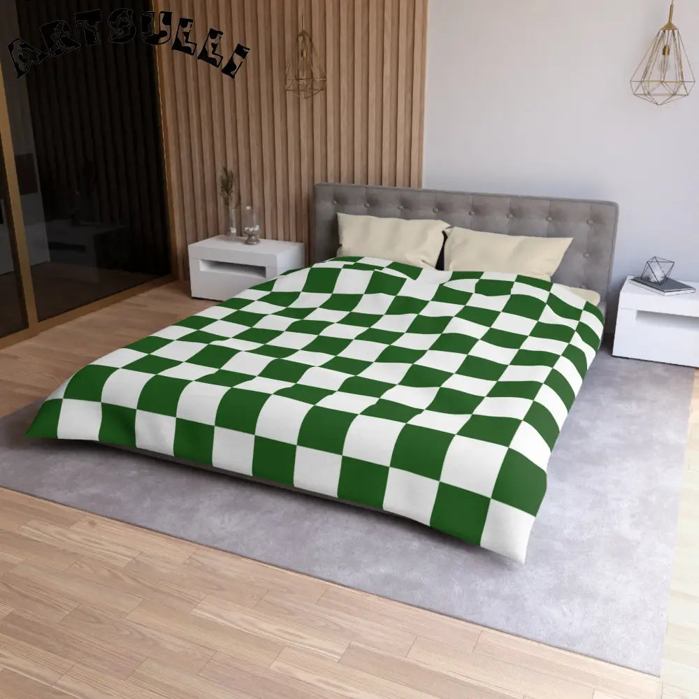 JAKKOUTTHEBXX Checkerboard White and Dark Green Microfiber Duvet