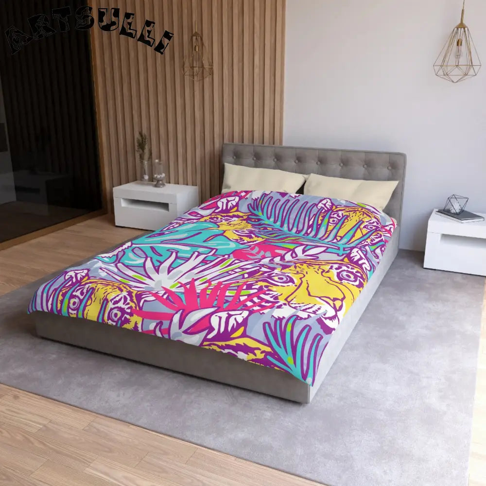 JAKKOUTTHEBXX Tropical Floral Tigers Torquise and Purple Microfiber