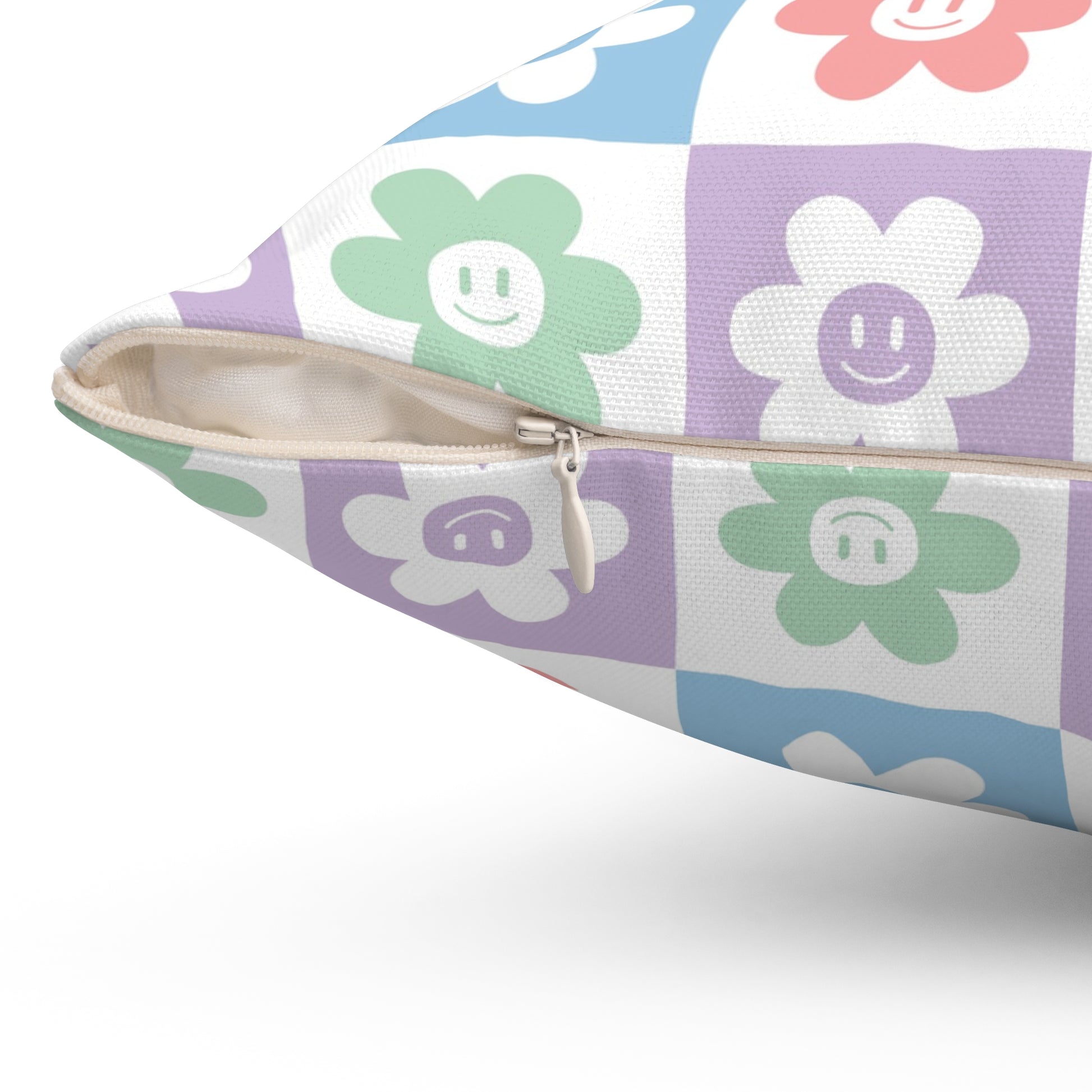 Chessboard x Smiley Face Flowers Multi-Color Spun Polyester Square Pillow, Artsulli - Art is Long, Life is Short, Home Decor, , , , , , , 