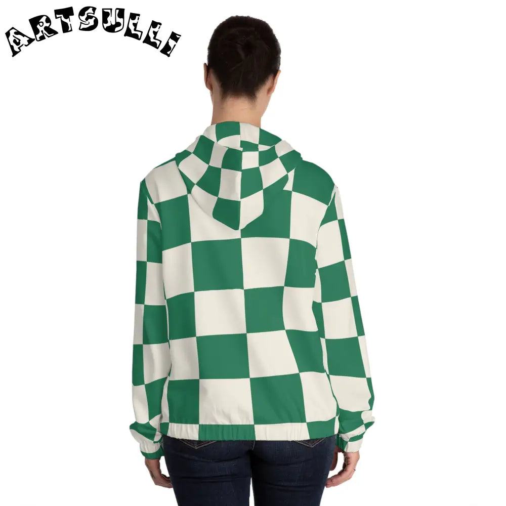 JAKKOUTTHEBXX Checkerboard Dark Green Women’s Full-Zip Hoodie (AOP)