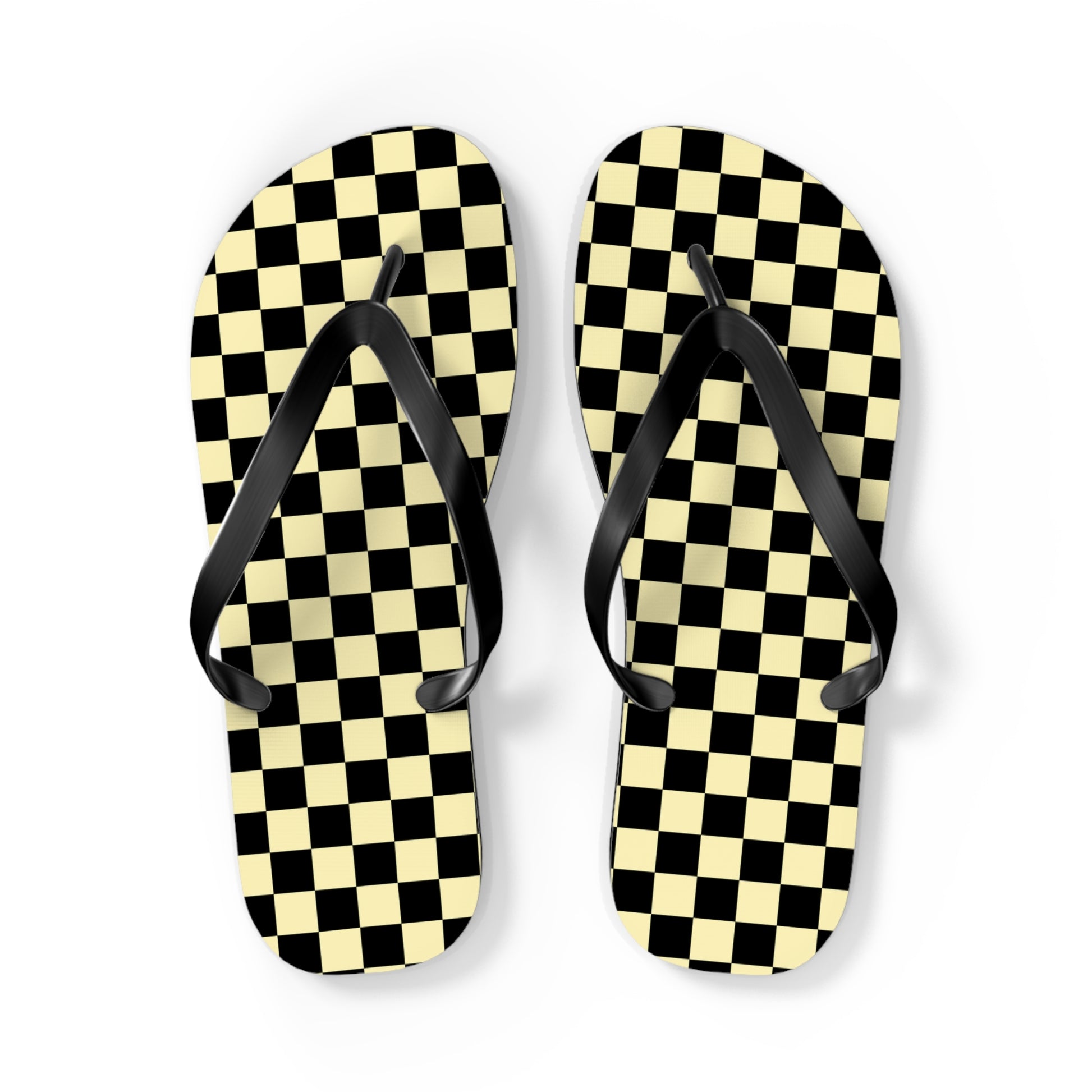 Checkerboard Black and Yellow Flip Flops, Artsulli - Art is Long, Life is Short, Shoes, Size, L, Color, Black sole, , , 25544625070071572635
