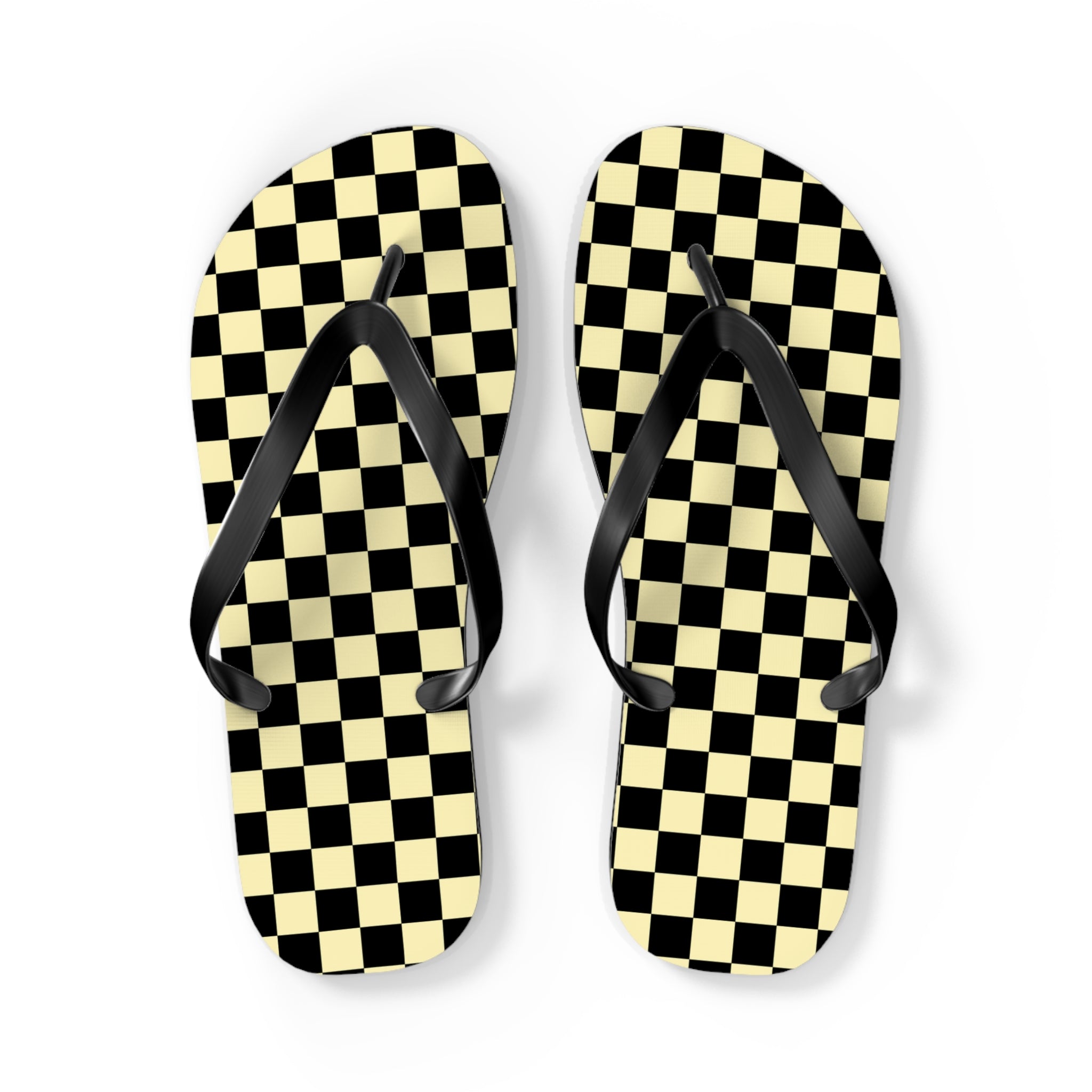 Checkerboard Black and Yellow Flip Flops, Artsulli - Art is Long, Life is Short, Shoes, Size, L, Color, Black sole, , , 25544625070071572635