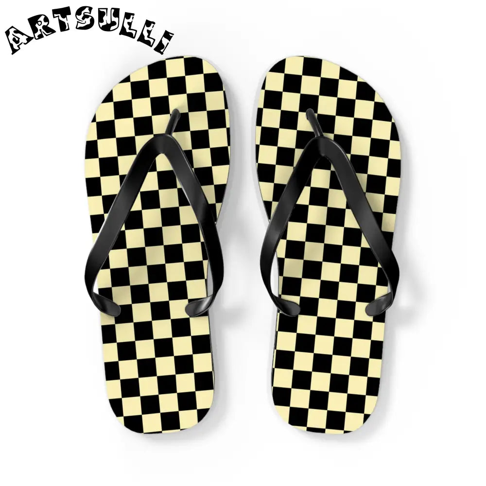 JAKKOUTTHEBXX Checkerboard Black and Yellow Flip Flops JAKKOUTTHEBXX