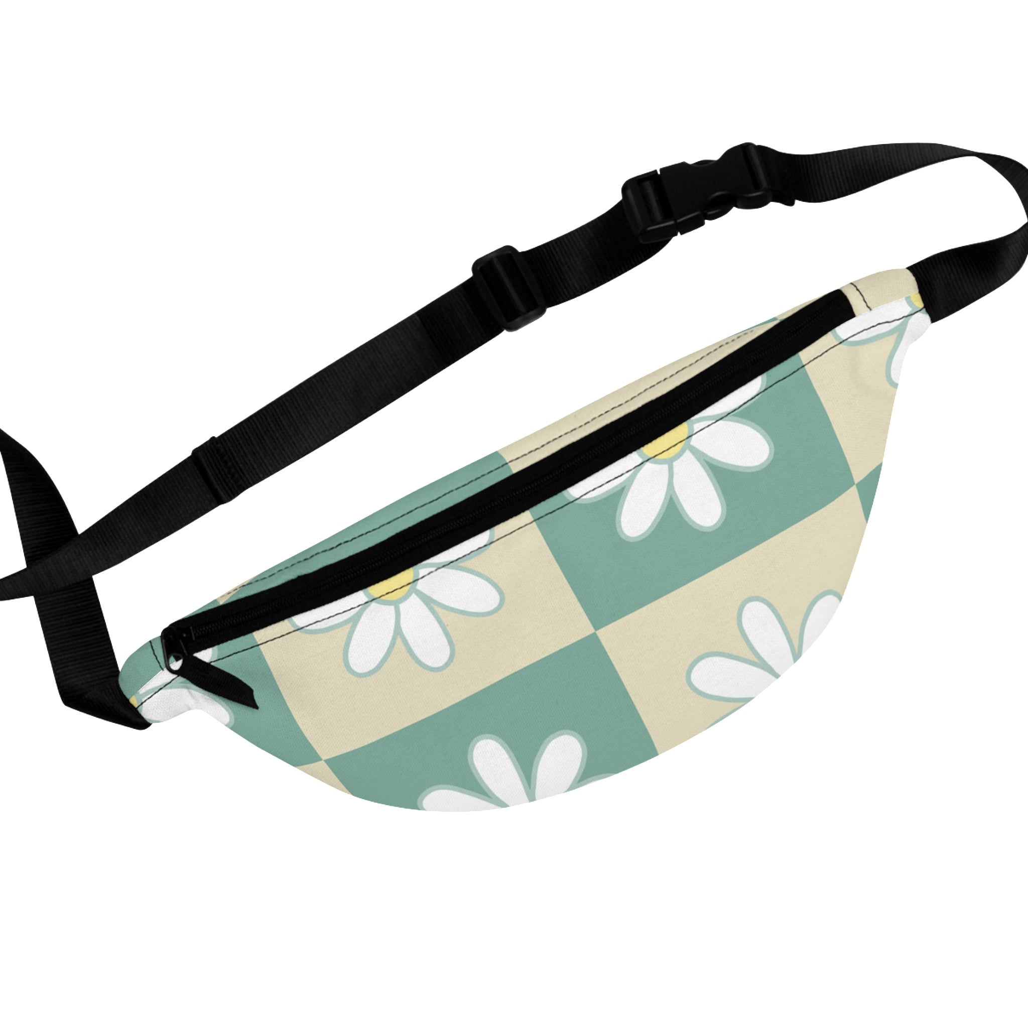 Retro Daisy Checkerboard Green and Tan Fanny Pack, Artsulli - Art is Long, Life is Short, Bags, Size, One size, , , , , 95234966701493127507