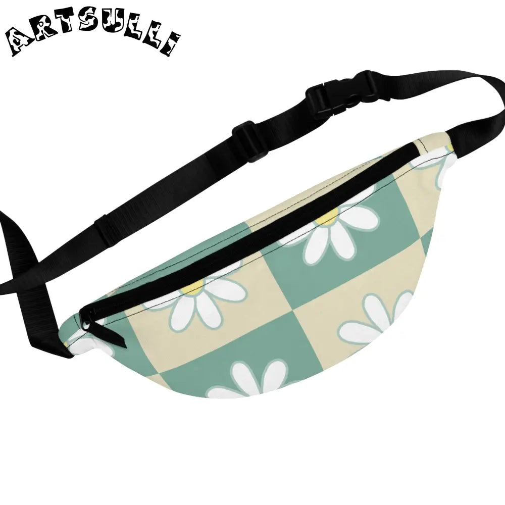 JAKKOUTTHEBXX Retro Daisy Checkerboard Green and Tan Fanny Pack