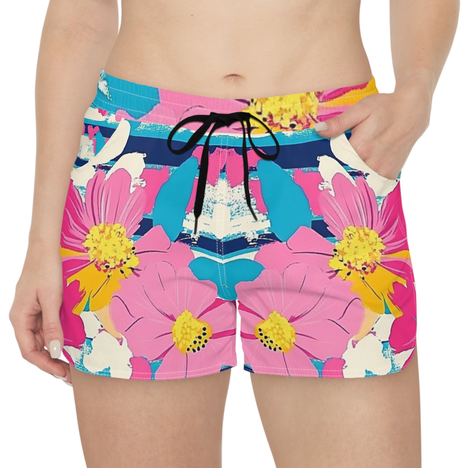 Dayglo Floral Stripes Multi-Color Women's Casual Shorts (AOP), Artsulli - Art is Long, Life is Short, All Over Prints, , , , , , , 