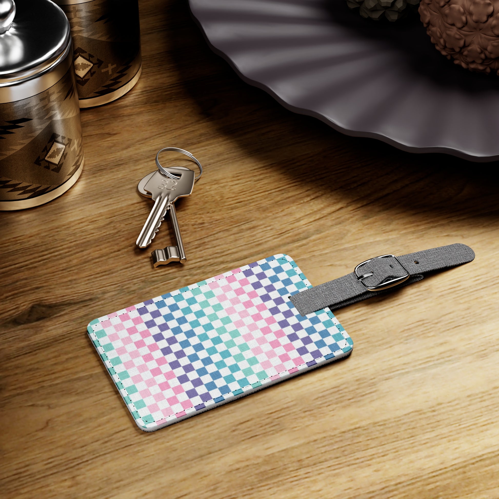 Vaporwave Rainbow  Checkerboard Multi-Color Saffiano Polyester Luggage Tag, Rectangle, Artsulli - Art is Long, Life is Short, Accessories, , , , , , , 