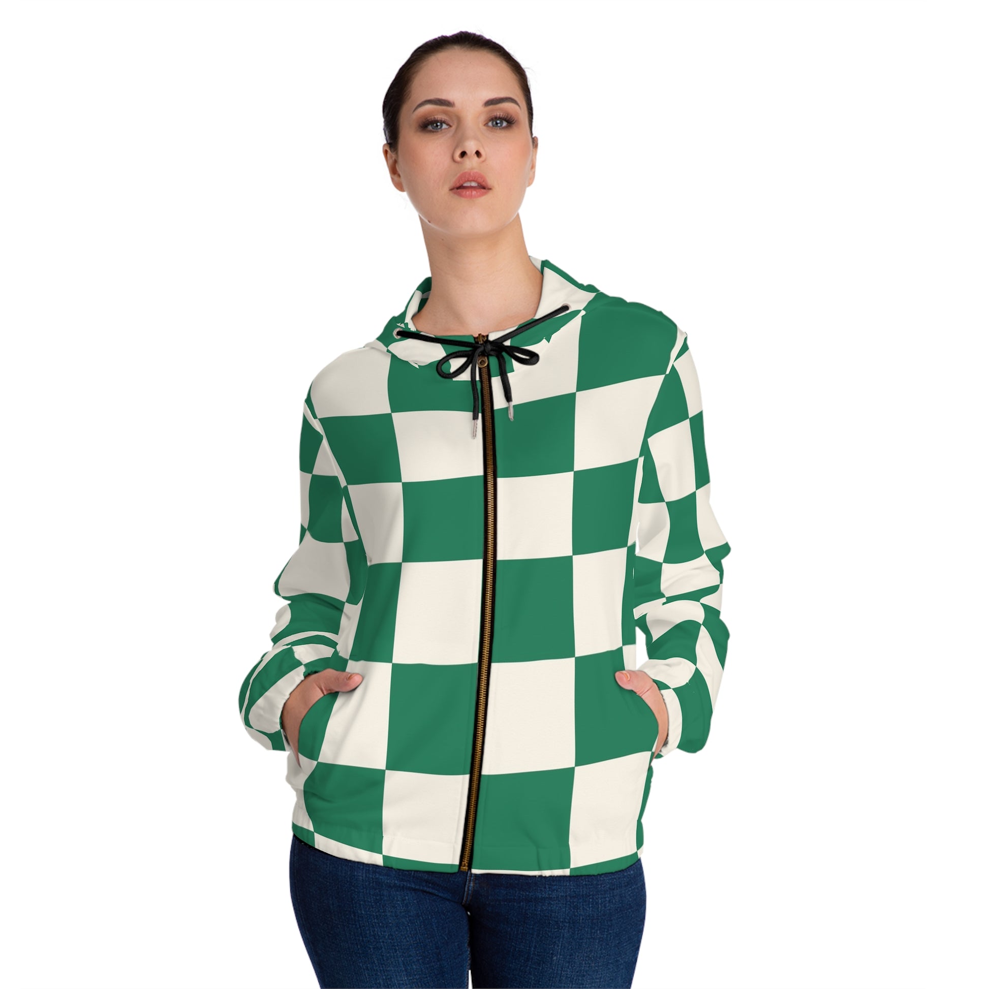Checkerboard Dark Green Women’s Full-Zip Hoodie (AOP), Artsulli - Art is Long, Life is Short, All Over Prints, , , , , , , 