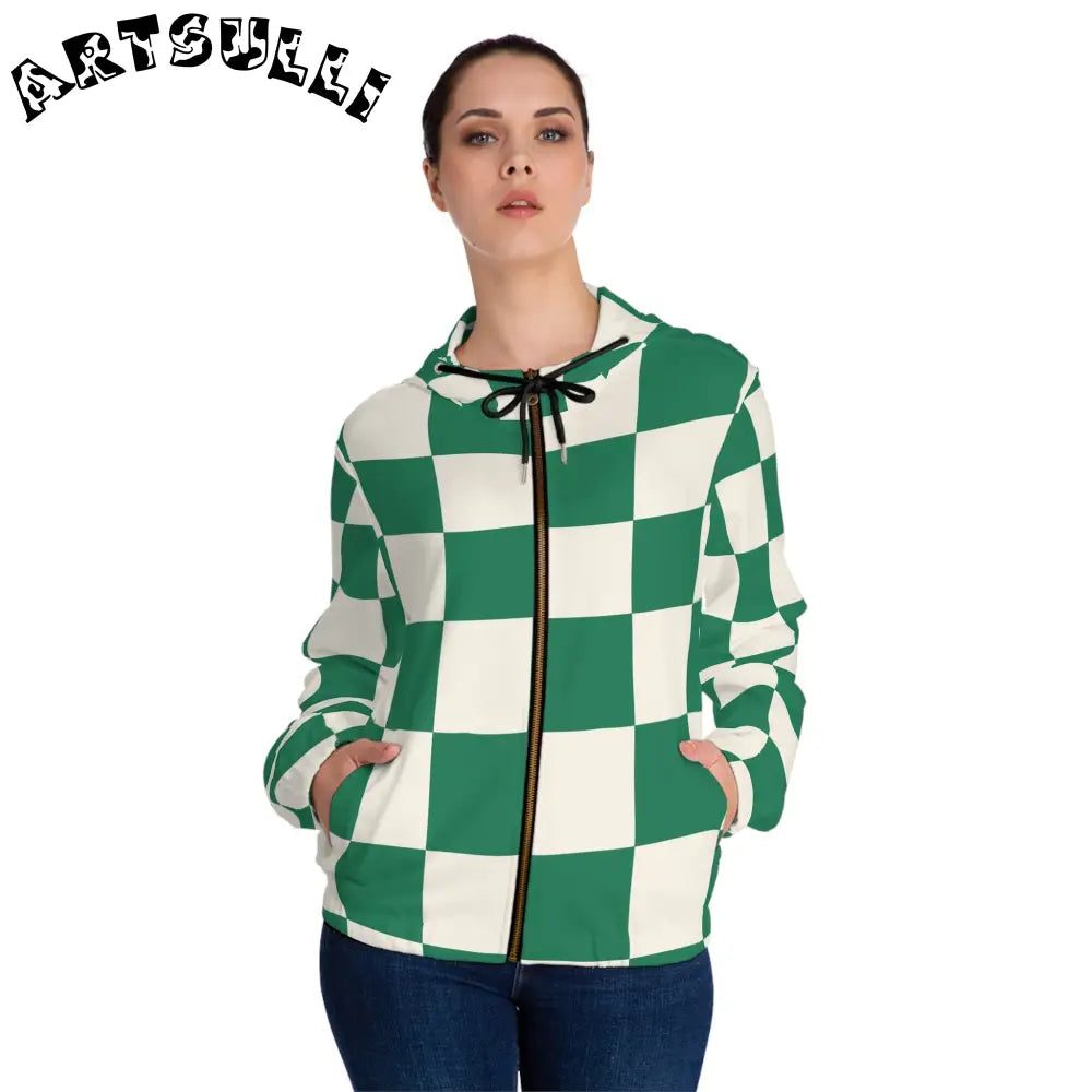 JAKKOUTTHEBXX Checkerboard Dark Green Women’s Full-Zip Hoodie (AOP)