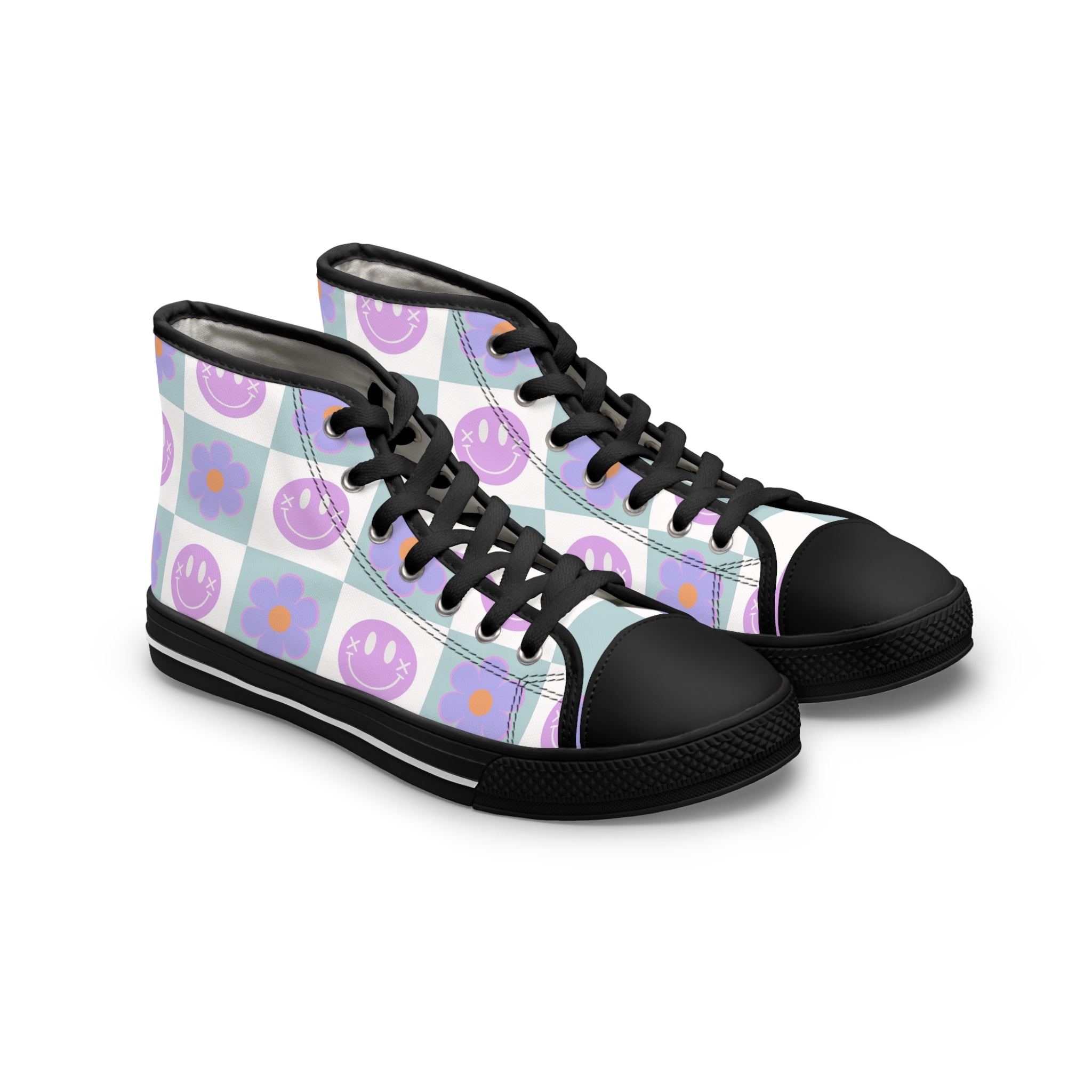 Flower x Smiley Face x Checkerboard Purple and WWomen's High Top Sneakers, Artsulli - Art is Long, Life is Short, Shoes, Size, US 5.5, Color, Black sole, , , 98664336275870685679