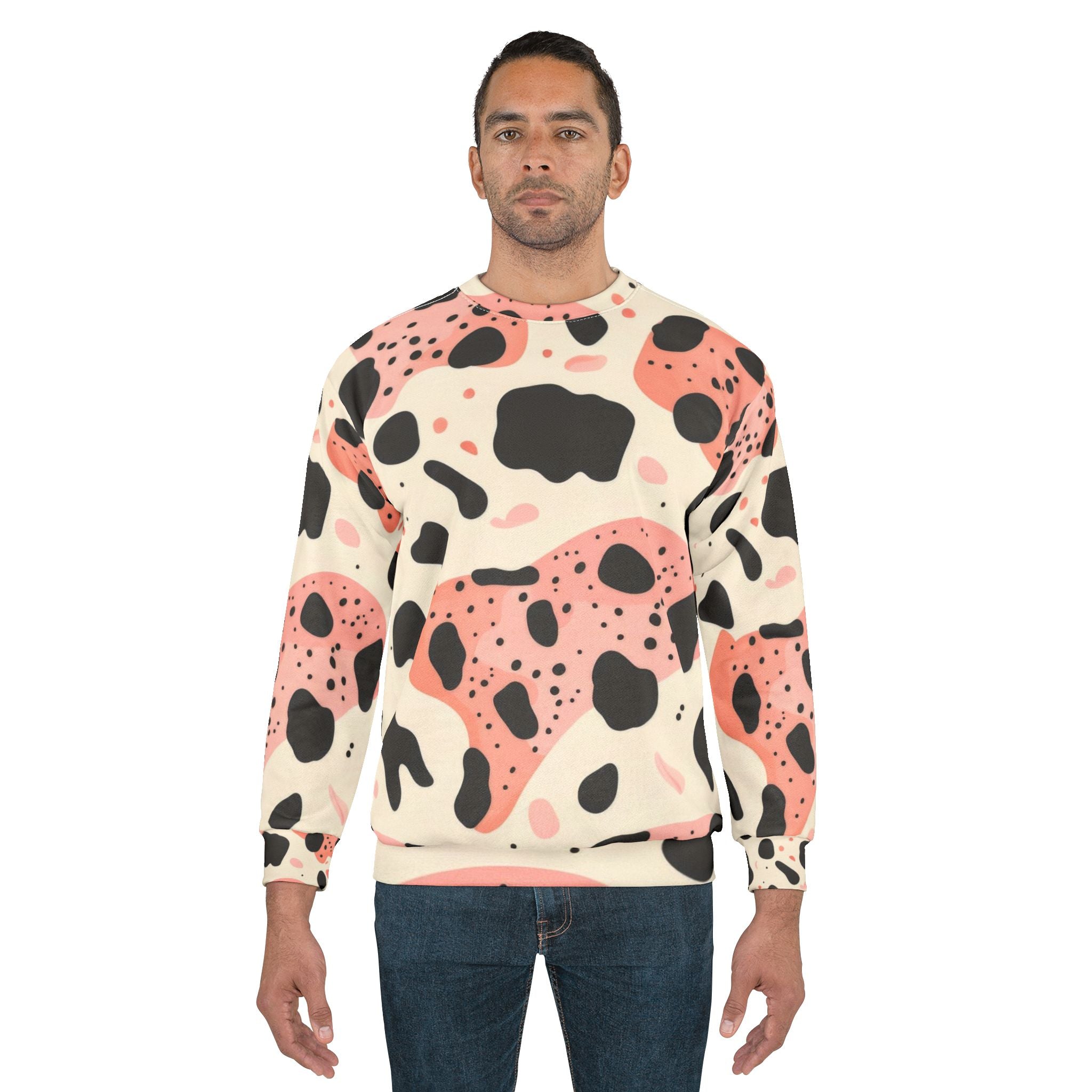 Organic Cow Print Cream and Pink Unisex Sweatshirt (AOP), Artsulli - Art is Long, Life is Short, All Over Prints, , , , , , , 