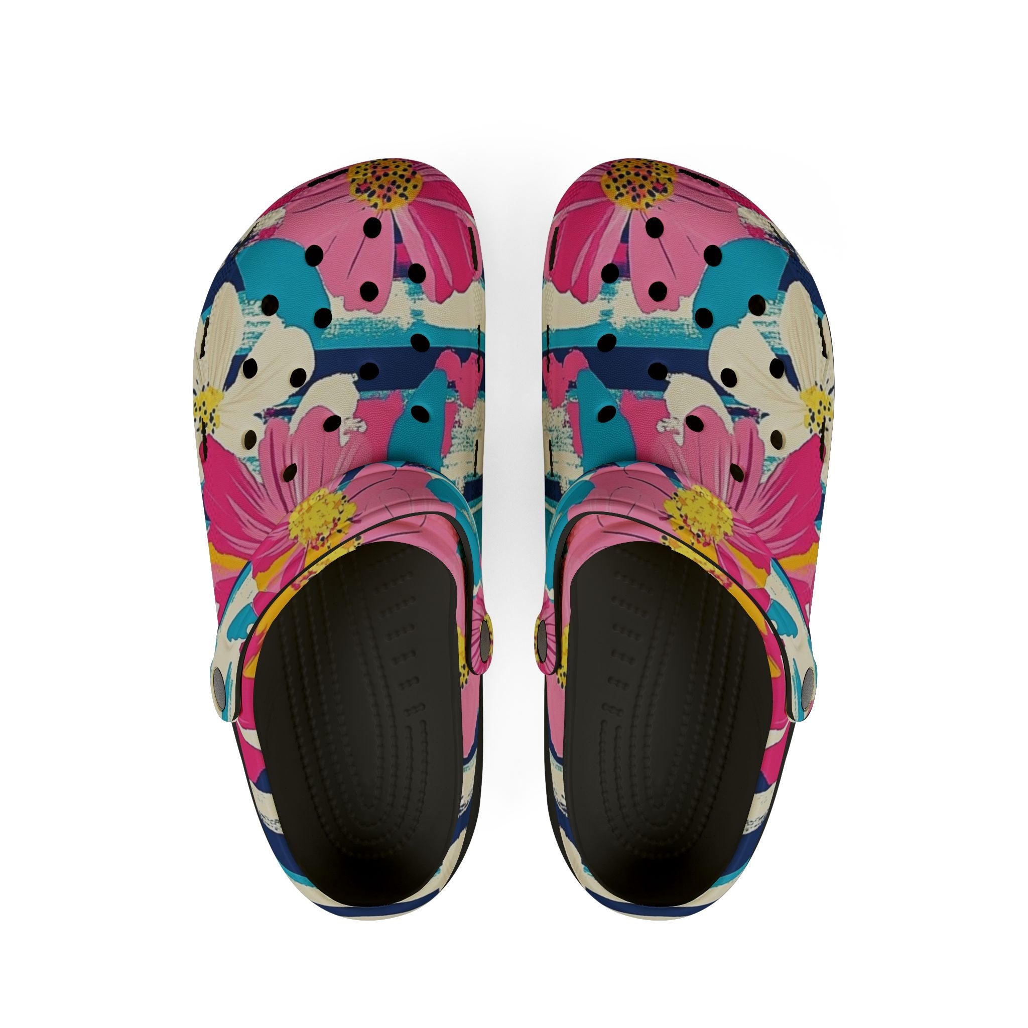 Dayglo Floral Stripes Multi-Color EVA Foam Rubber Shoes (AOP), Artsulli - Art is Long, Life is Short, Shoes, Size, US 6 (Women's), Color, Black, , , 38569941848886
