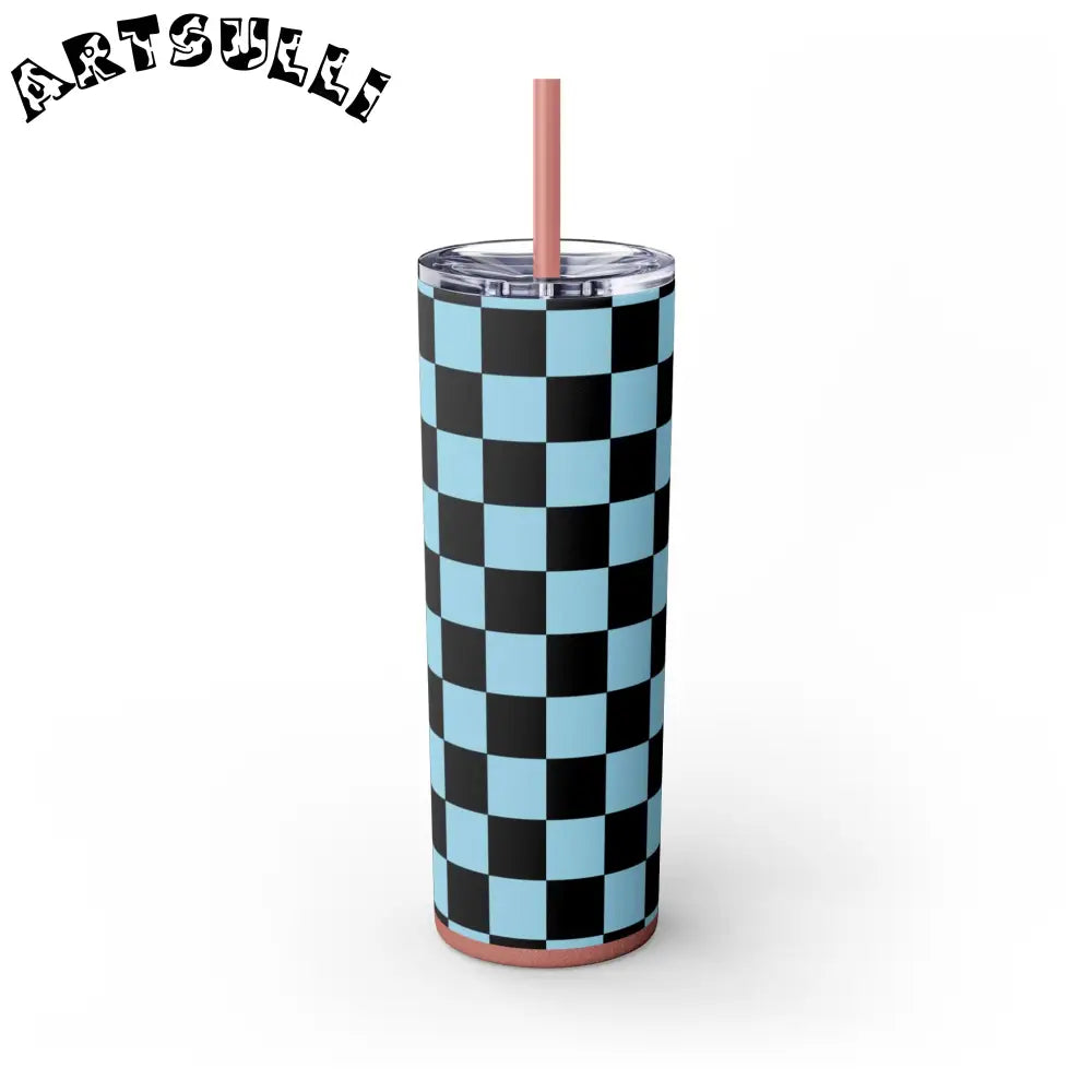 JAKKOUTTHEBXX Checkerboard Black and Blue Skinny Tumbler with Straw