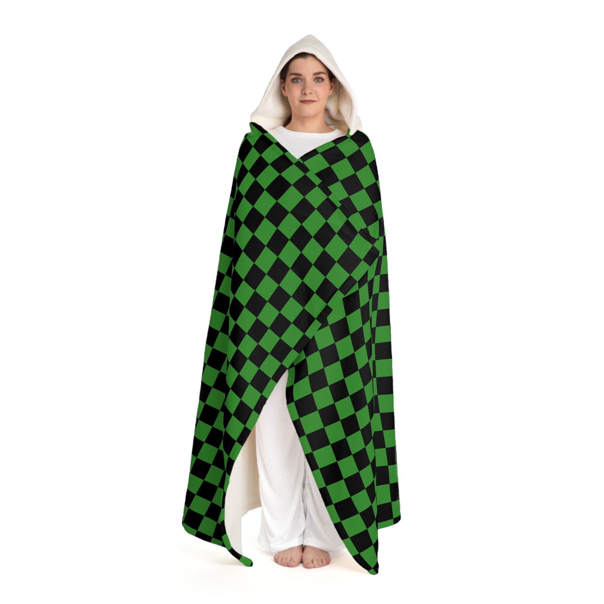 Checkerboard II Green and Black Hooded Sherpa Fleece Blanket, Artsulli - Art is Long, Life is Short, All Over Prints, , , , , , , 