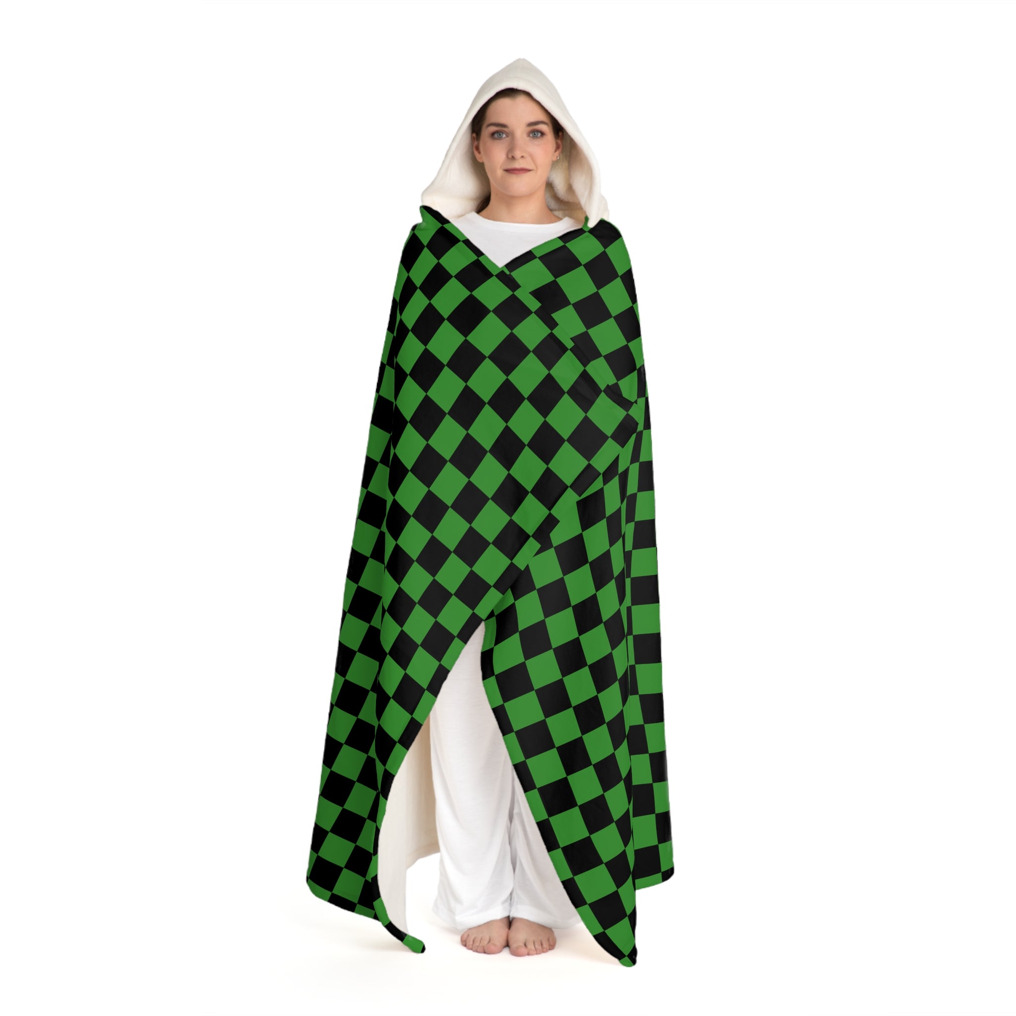 Checkerboard II Green and Black Hooded Sherpa Fleece Blanket, Artsulli - Art is Long, Life is Short, All Over Prints, , , , , , , 