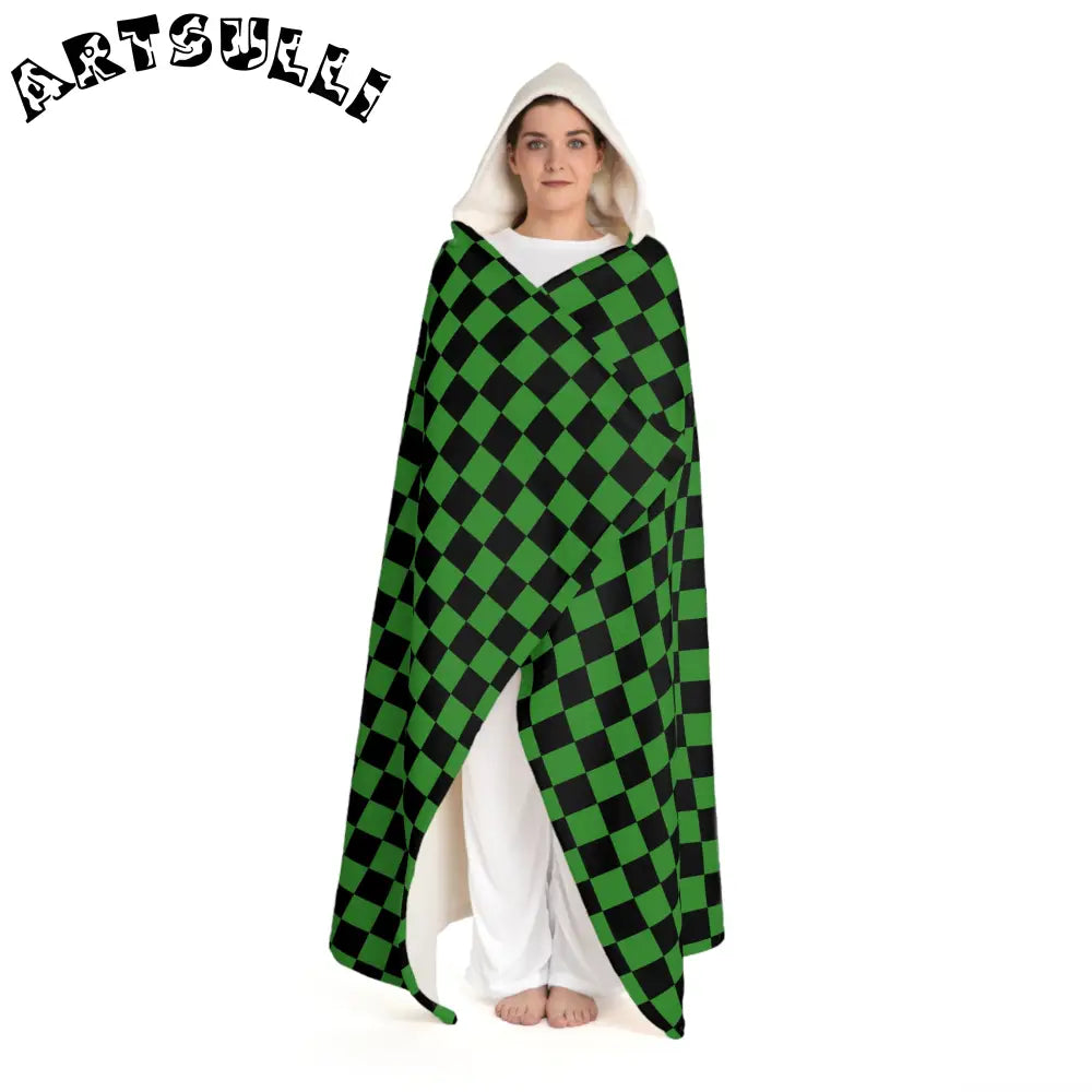 JAKKOUTTHEBXX Checkerboard II Green and Black Hooded Sherpa Fleece