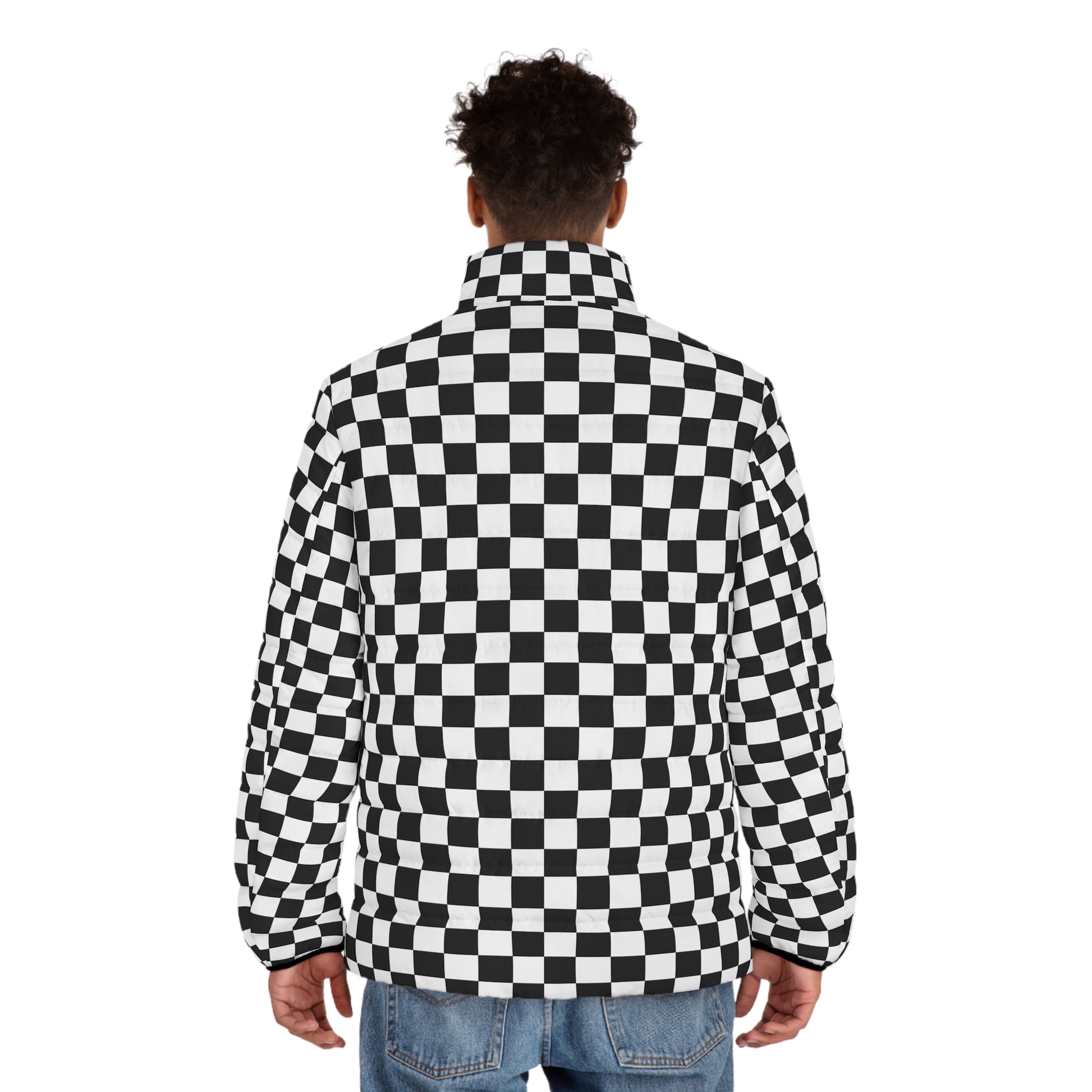 Checkerboard White and Black Men's Puffer Jacket (AOP), Artsulli - Art is Long, Life is Short, All Over Prints, , , , , , , 