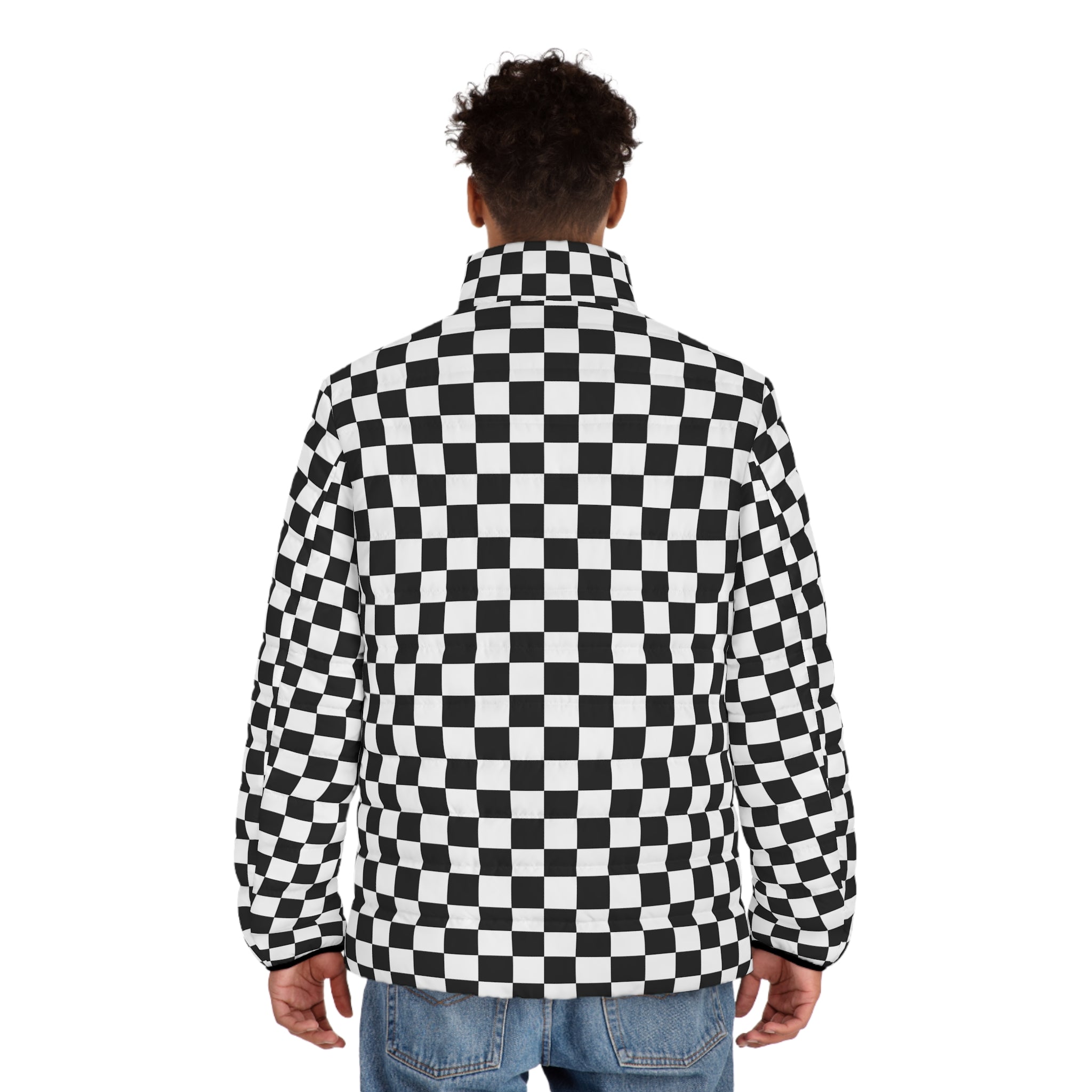Checkerboard White and Black Men's Puffer Jacket (AOP), Artsulli - Art is Long, Life is Short, All Over Prints, , , , , , , 