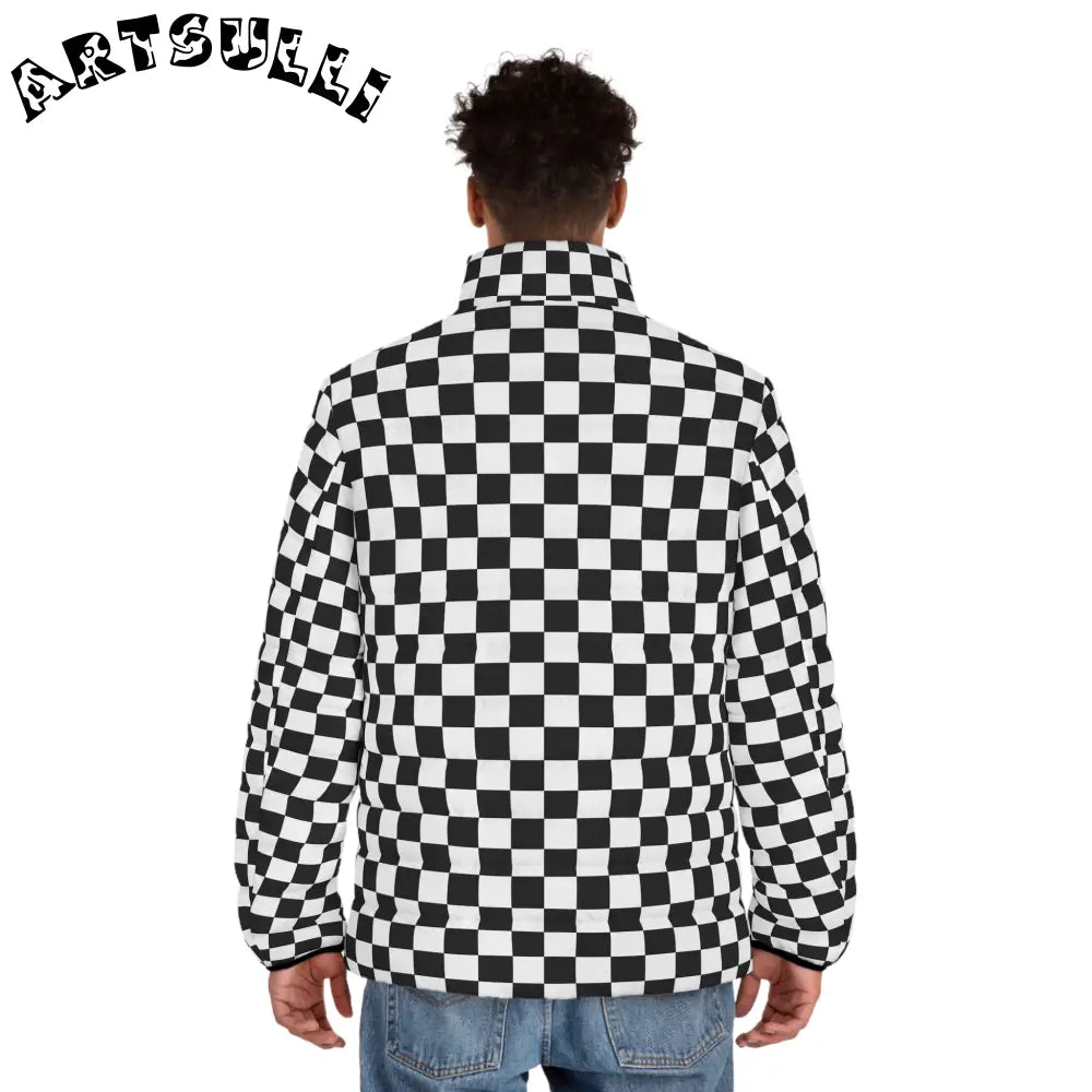 JAKKOUTTHEBXX Checkerboard White and Black Men’s Puffer Jacket (AOP)