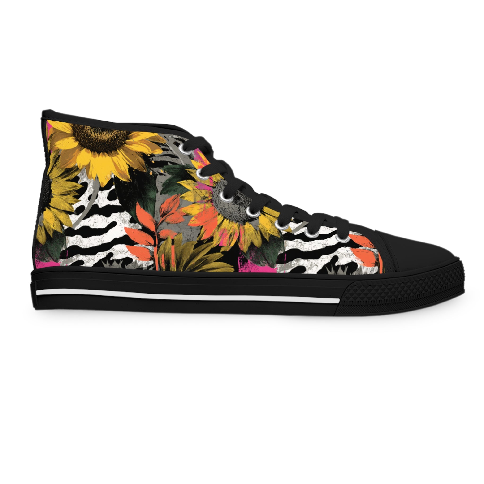 Zebra Stripes x Sunflowers Multi-Color Women's High Top Sneakers, Artsulli - Art is Long, Life is Short, Shoes, , , , , , , 