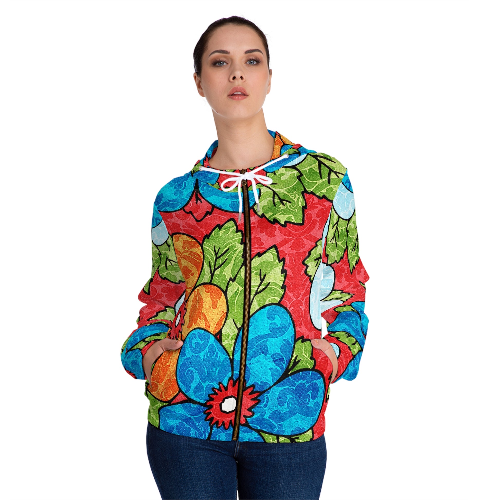 Groovy Red Floral Kl Women’s Full-Zip Hoodie (AOP), Artsulli - Art is Long, Life is Short, All Over Prints, , , , , , , 